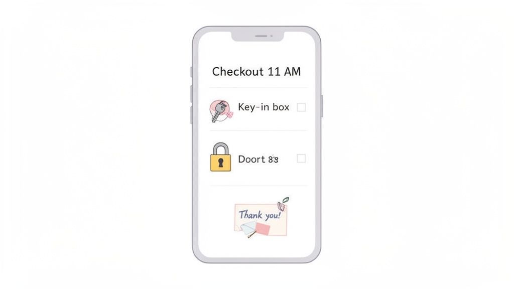 A smartphone displays a checkout screen with 'Checkout 11 AM', 'Key-in box', 'Door 8's', and a thank you note.