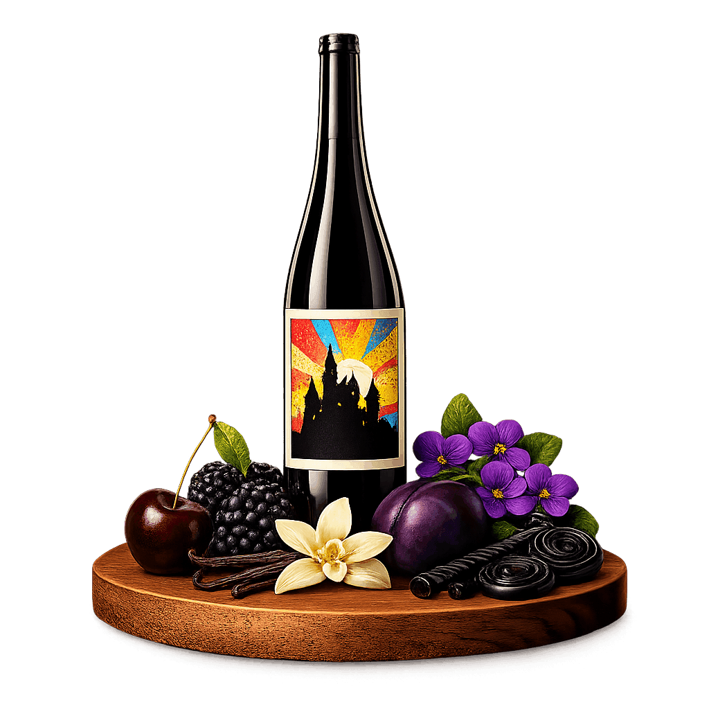 Artistic label and flavor profile for German Dornfelder on a rustic wooden table.