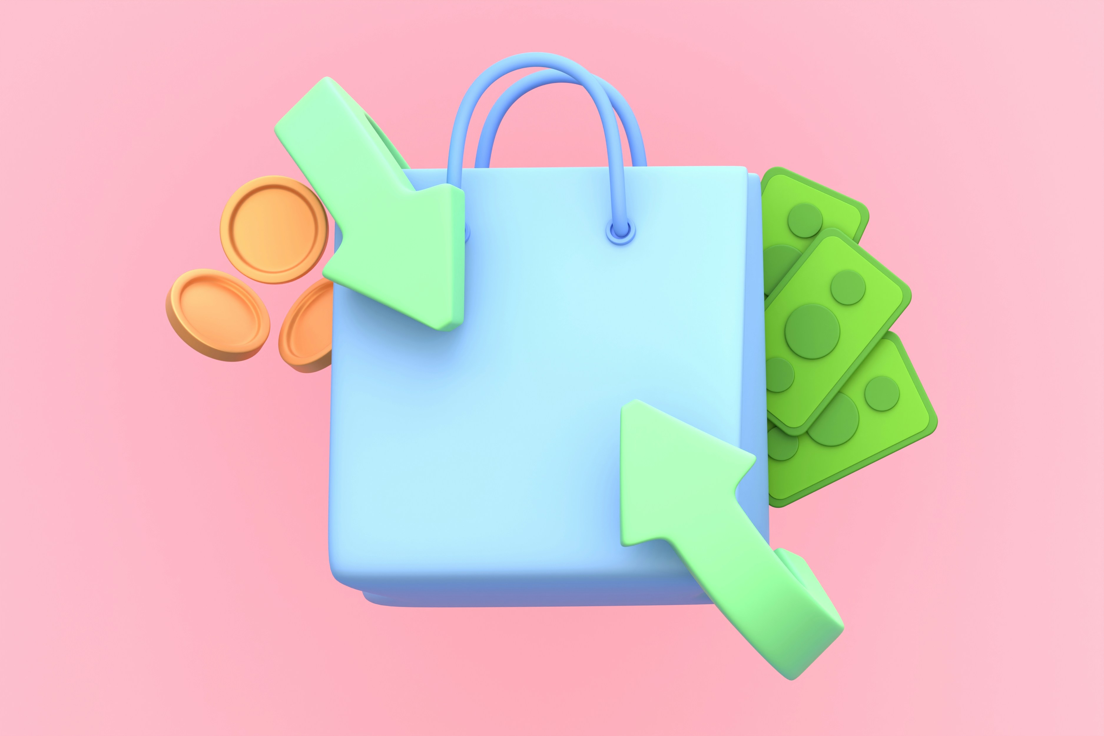 A shopping back with cash and two arrows coming together in the middle.