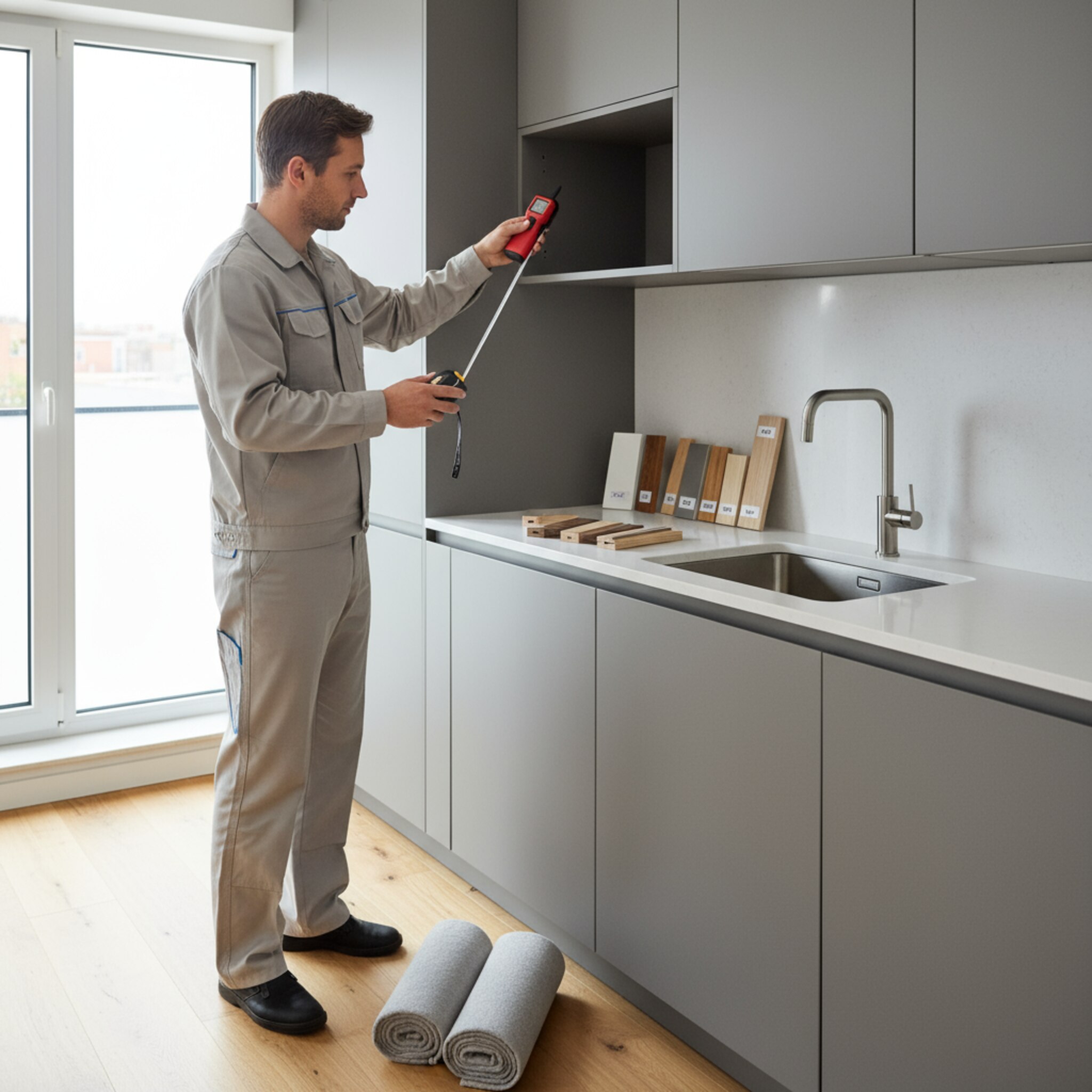 In einer hellen Wohnung misst ein Techniker eine Nische mit einem Laser und liest Zahlen vom Maßband ab. Auf dem Boden liegen behutsam aufgerollte Schutzdecken. Neben der Spüle stehen Probeprofile für Sockel und Abschlussleisten. Das Licht ist weich, die Szene wirkt präzise und sorgfältig.