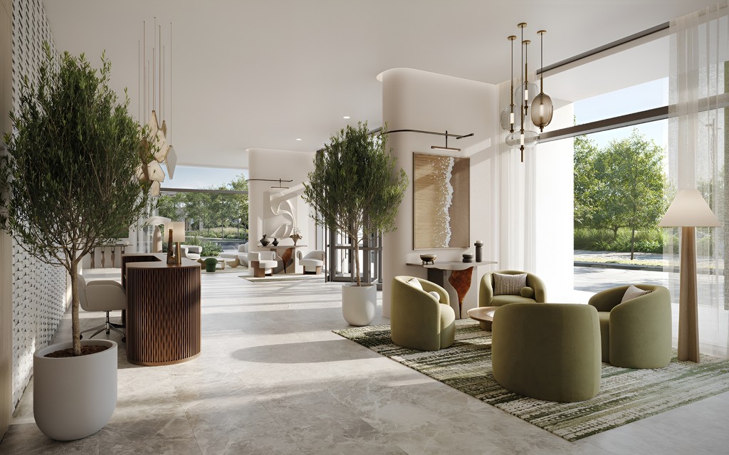Bright living room featuring large windows that overlook the pool at Terra Gardens.