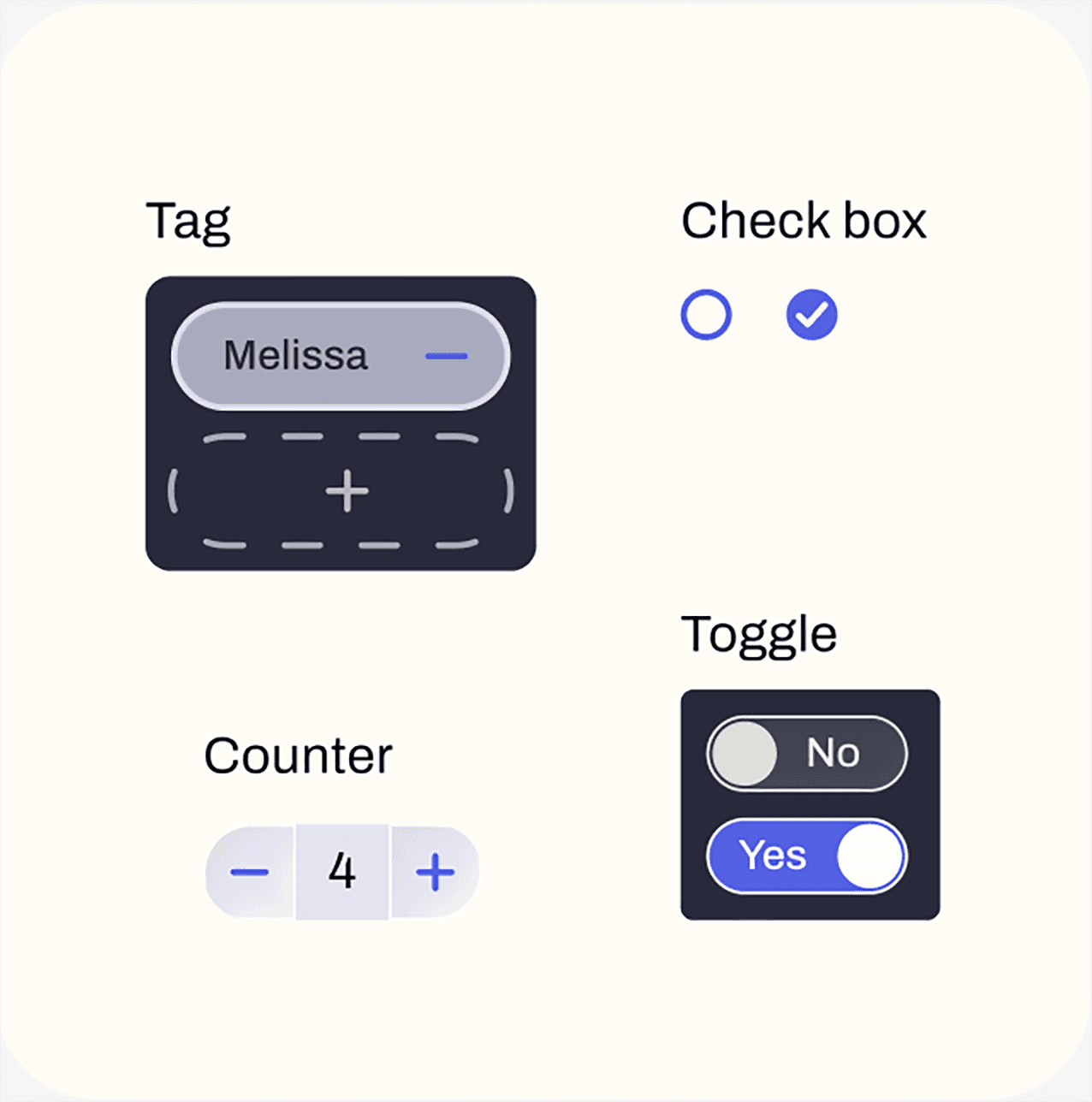 Collection of selection tools: tags, counter, check box, and toggle.