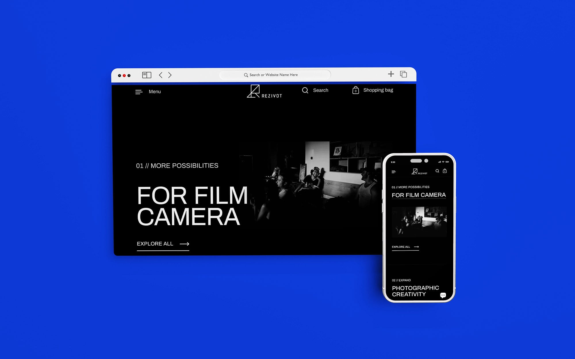 這張圖像展示了Rezivot的網站介面,顯示了品牌識別和FOR FILM CAMERA的廣告標語。背景使用黑色和藍色,突顯出現代科技感。