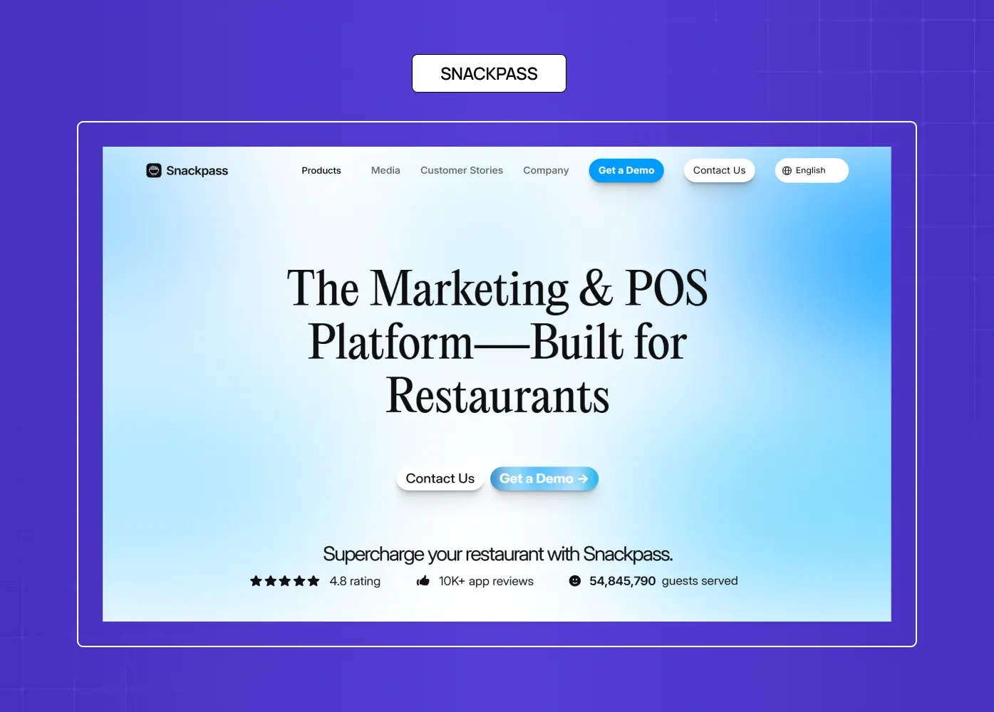 Snackpass restaurant marketing and POS platform landing page with clean typography and blue gradients.