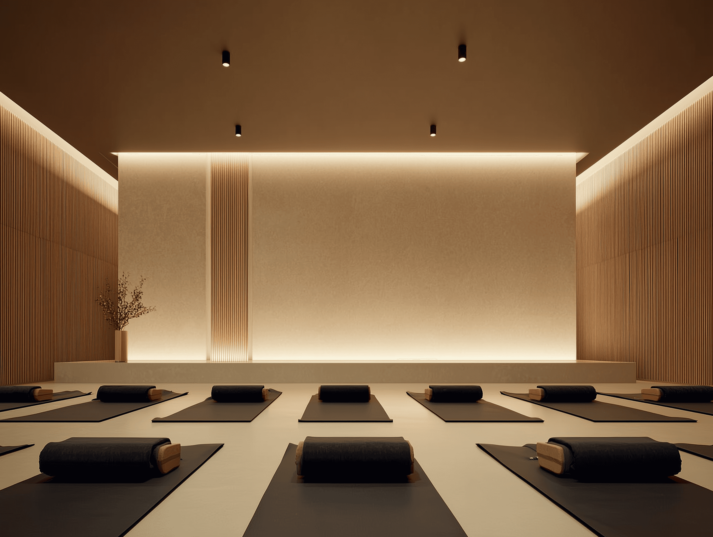 A minimalist yoga studio with multiple black mats, blocks, and rolled towels neatly arranged on a light floor.