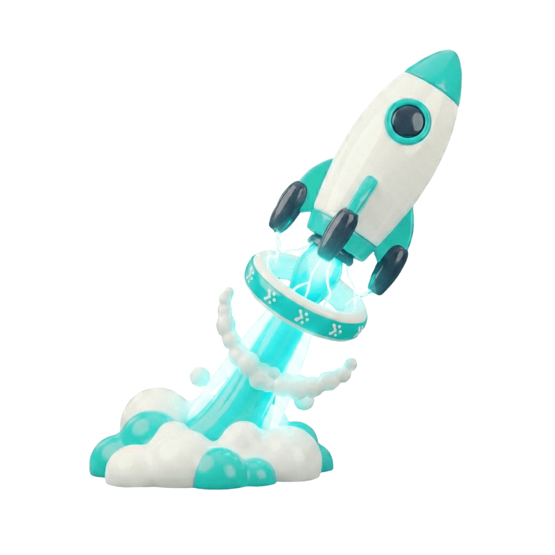 3D-Illustration einer startenden Rakete durch einen entitys Booster-Ring, die symbolisch für einen schnellen und reibungslosen Go-Live-Prozess mit dem Inhouse-Team steht.