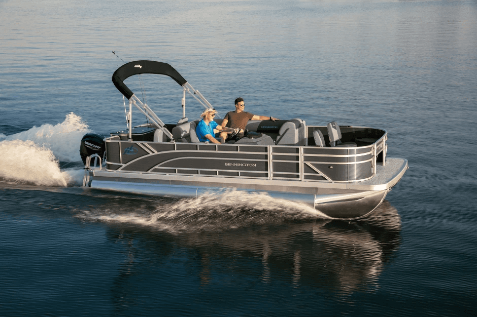 Pontoon boat cruising on a lake
