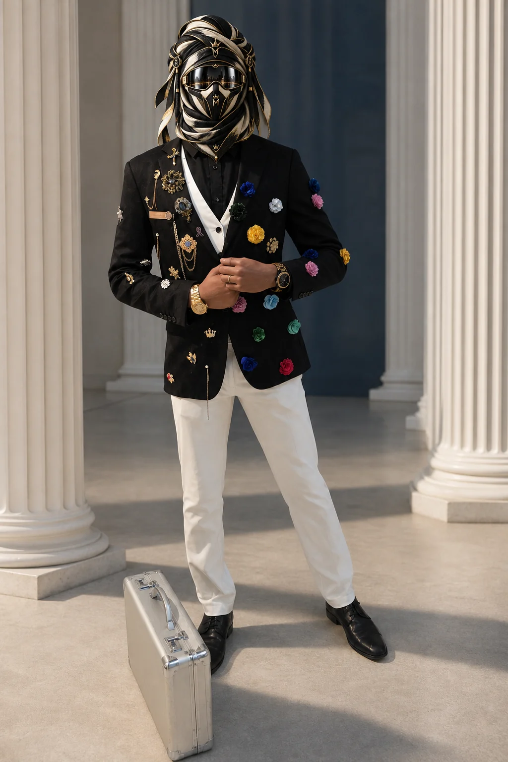 Full-length view of Color on Black, a black jacket decorated with multicolored flowers and worn with white trousers, with the official Marzelest face covering.