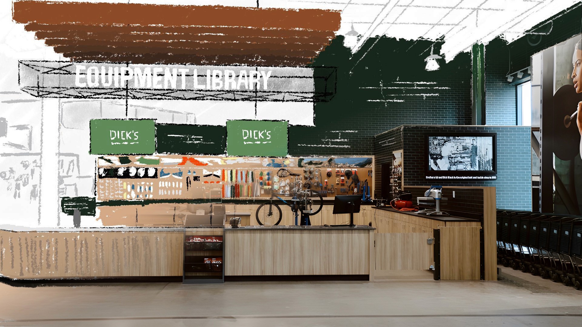 A mash-up image of a Dick's Sporting Goods retail store and a drawing of the same store depicting it has a service counter with the name "Equipment Library" on top.