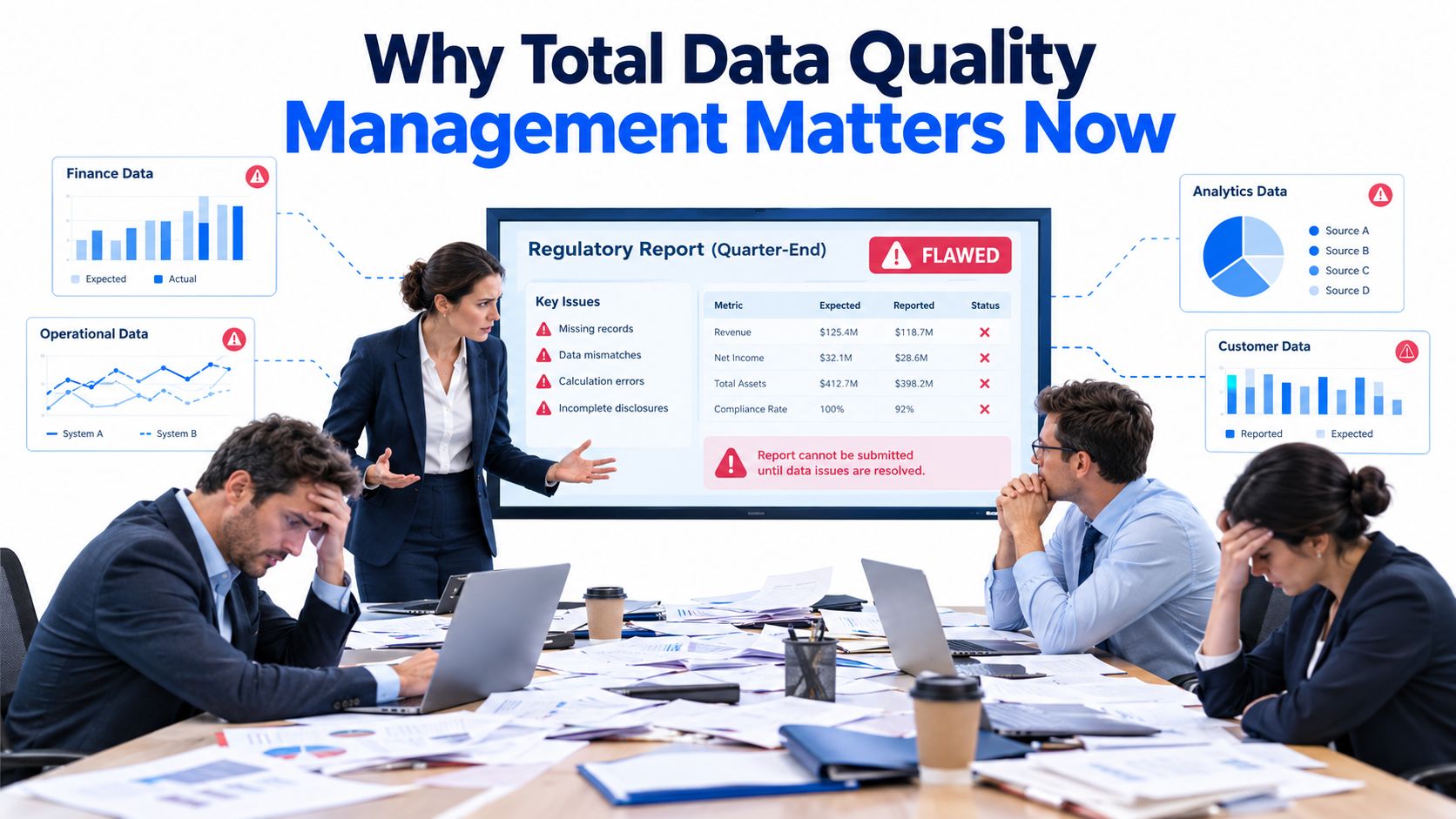 A distressed business team reviews a flawed regulatory report displayed on a screen due to poor data quality.