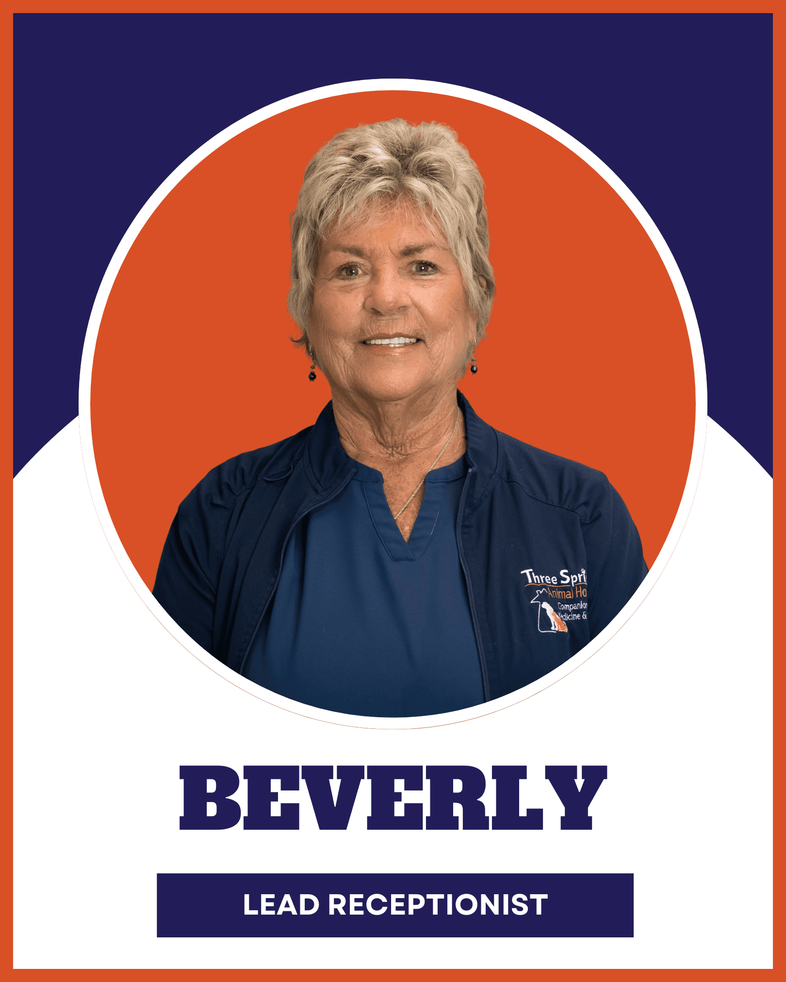 Beverly, Lead Receptionist, the welcoming face for pet parents at Three Springs Animal Hospital.