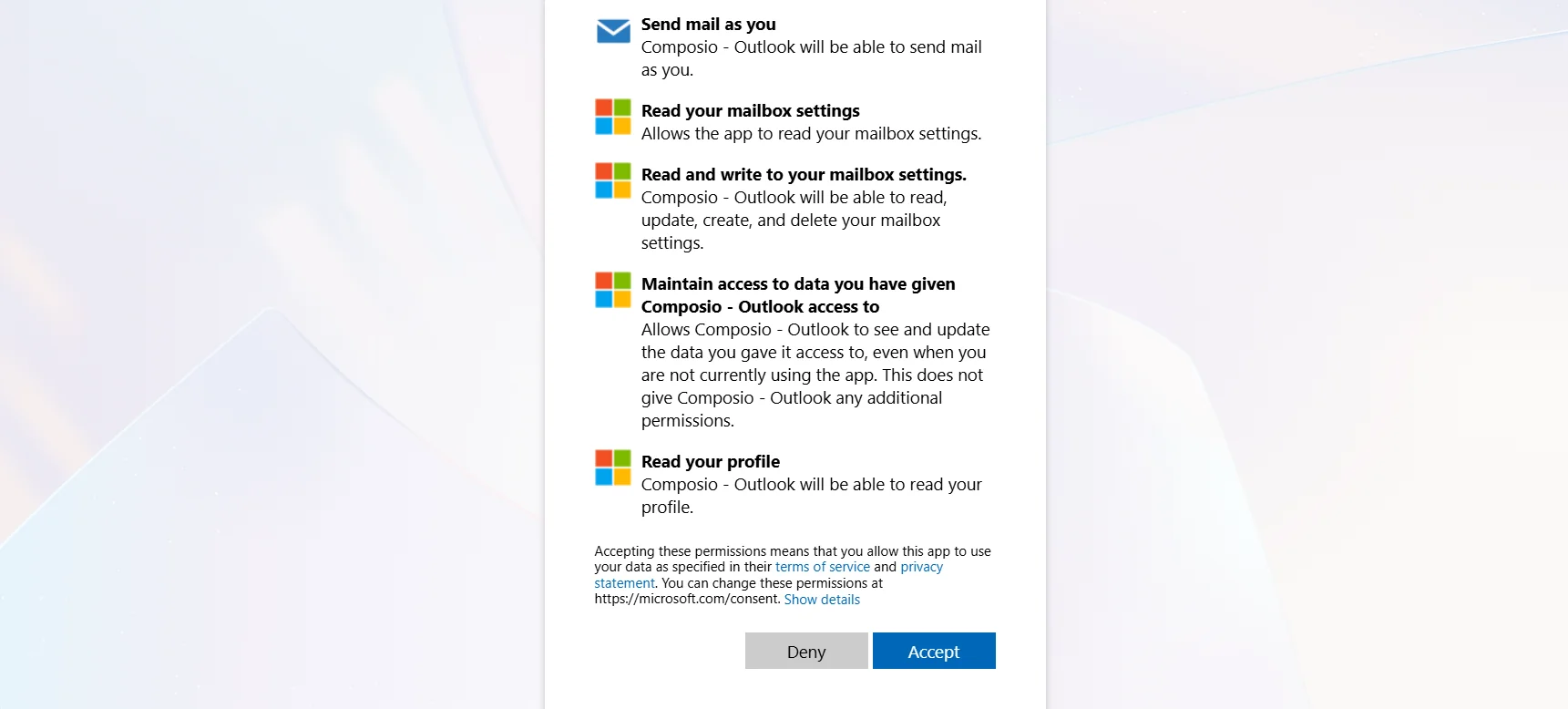 Microsoft permission request for Composio Outlook