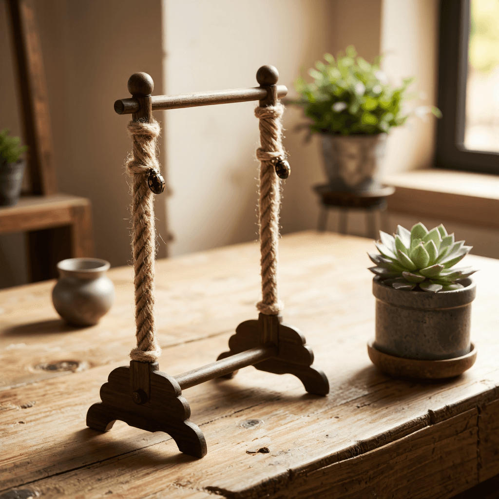 product photography of a wooden display stand with decorative rope and ladybug accents