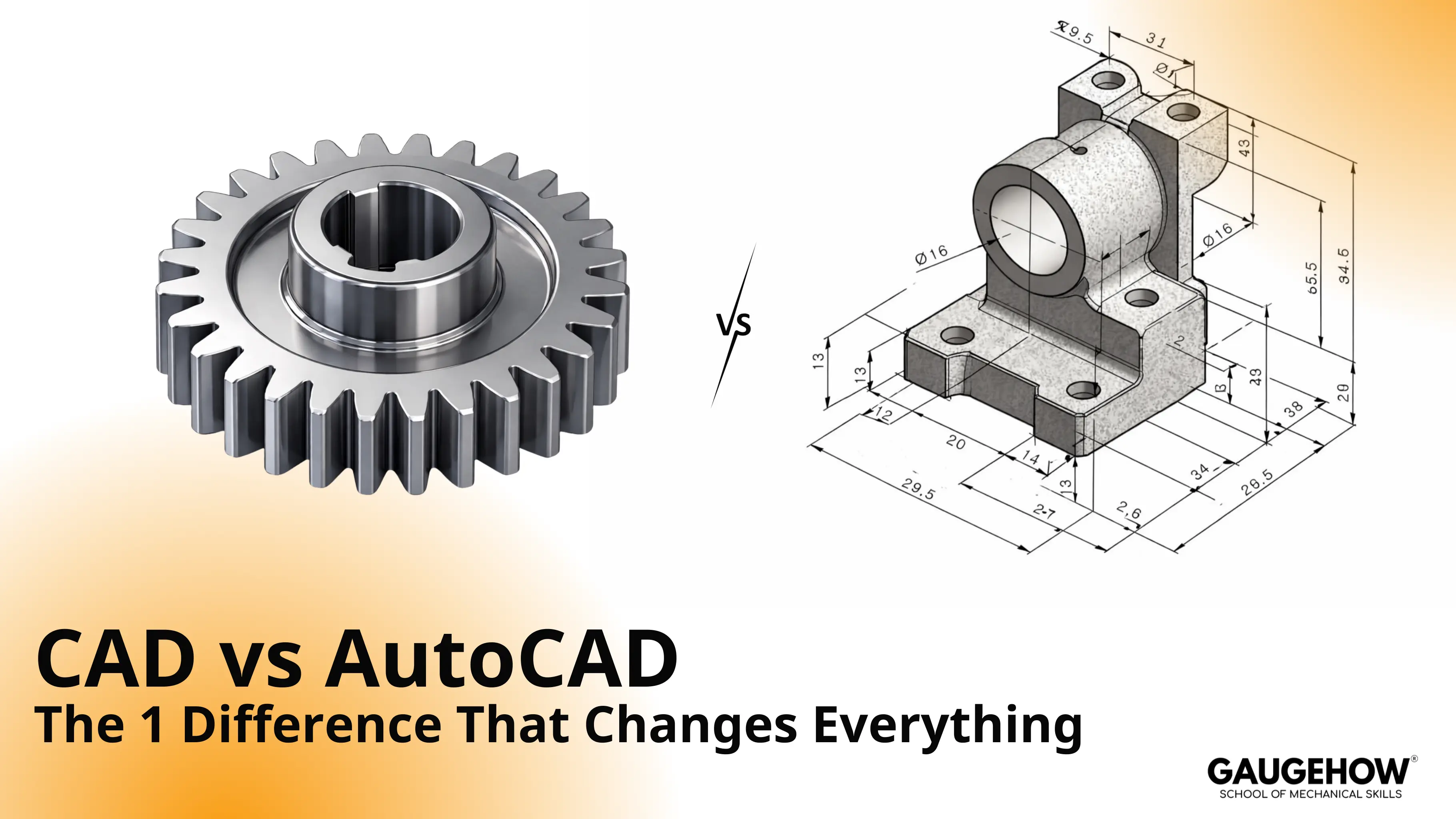 3D gear model beside dimensioned drawing, showing CAD vs AutoCAD split