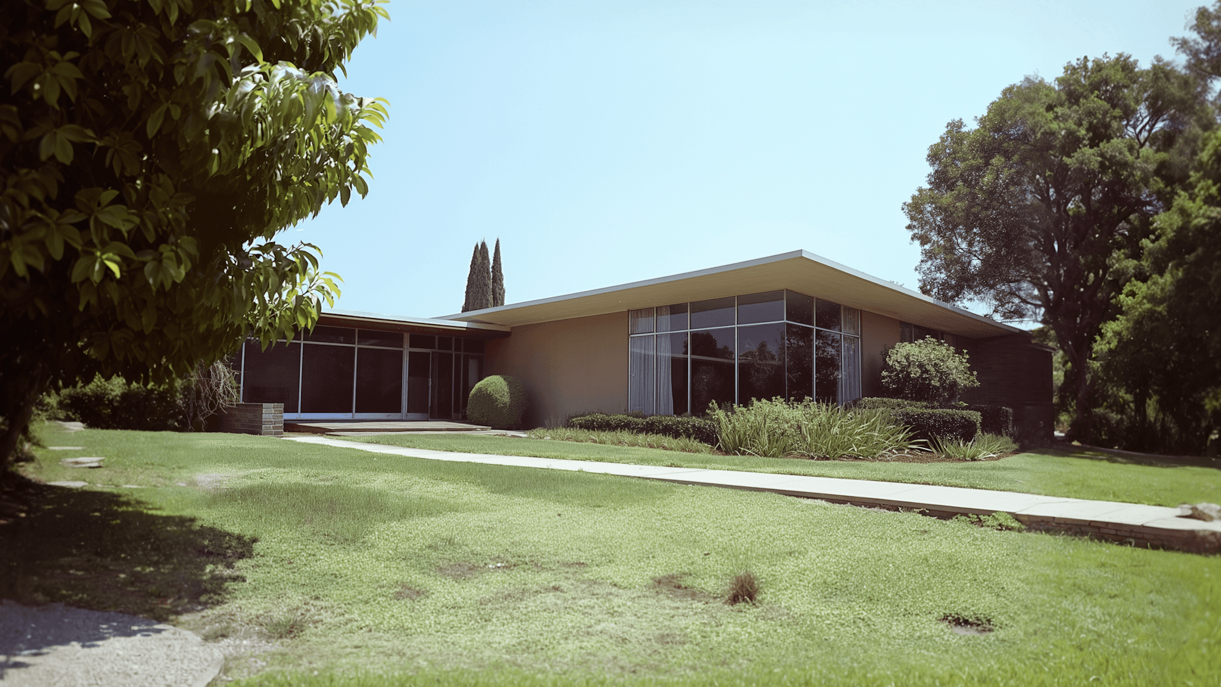 A modern single-story house surrounded by lush greenery on a sunny day.