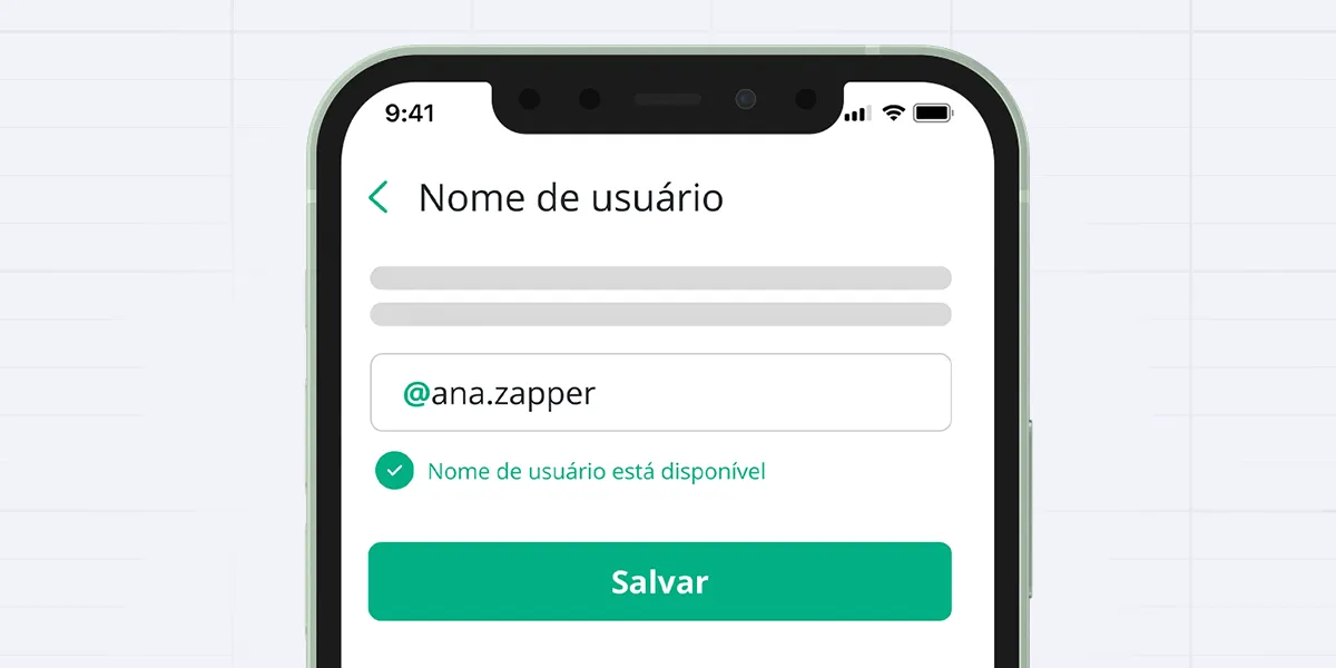 Mockup ilustrativo de tela de configuração de nome de usuário em aplicativo de mensagens.