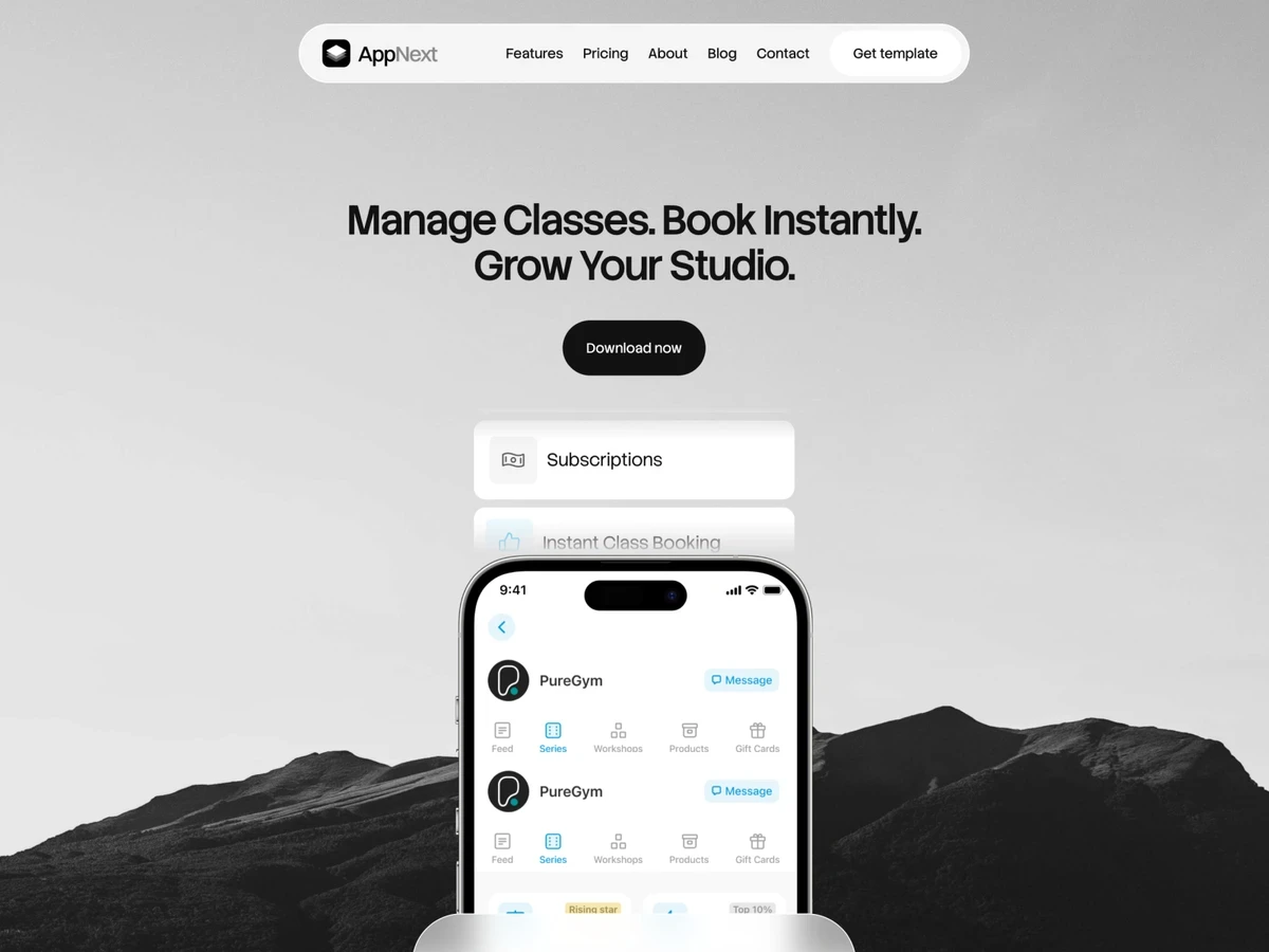AppNext mobile app template featuring class management and booking on a smartphone interface.