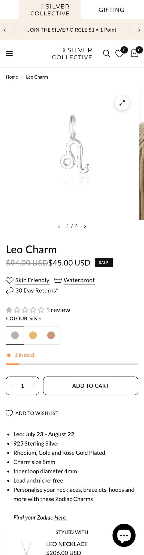 Jewelry product options include: necklace, bracelet, pendant, earring for Leo Charm from THE SILVER COLLECTIVE.