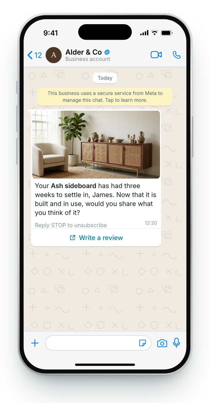 Waiting until it is built and in use: WhatsApp review request on an iPhone