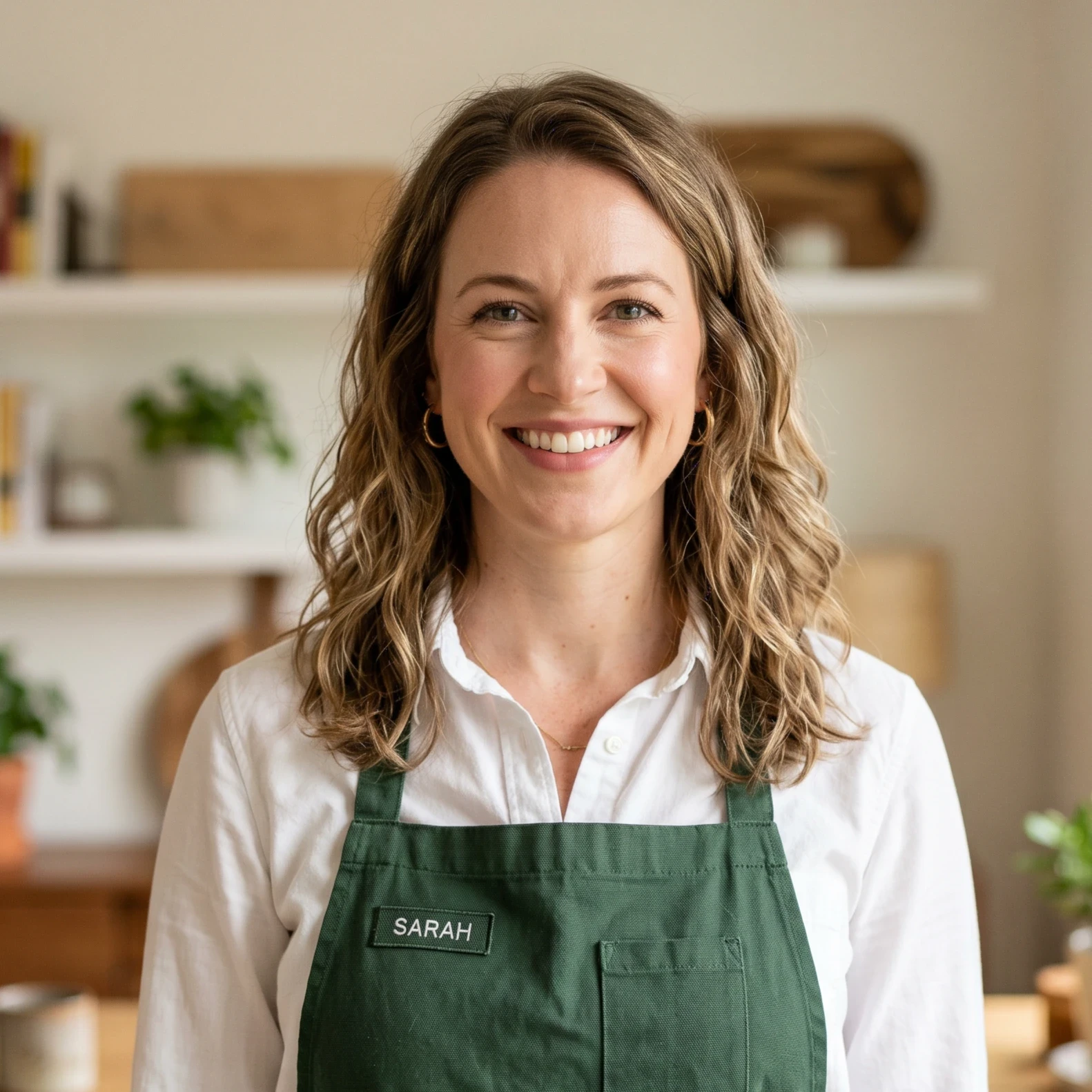Smiling woman in a green apron stands in a bright, modern workspace.