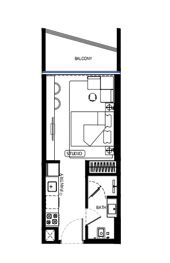 Efficient studio apartment layout at Binghatti Hillcrest, ideal for investors and single professionals.
