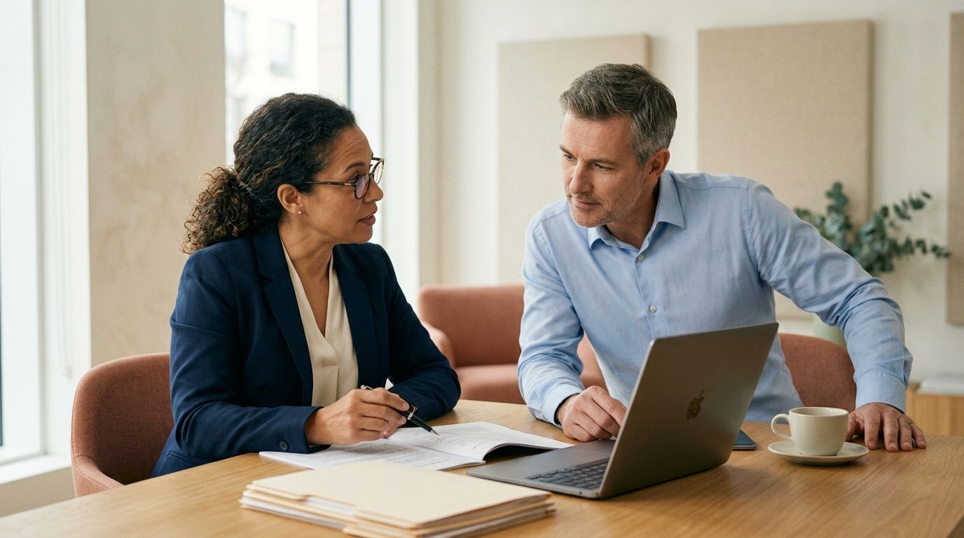 Dos profesionales discutiendo documentos y un portátil en una oficina moderna, con la mujer sosteniendo un bolígrafo.