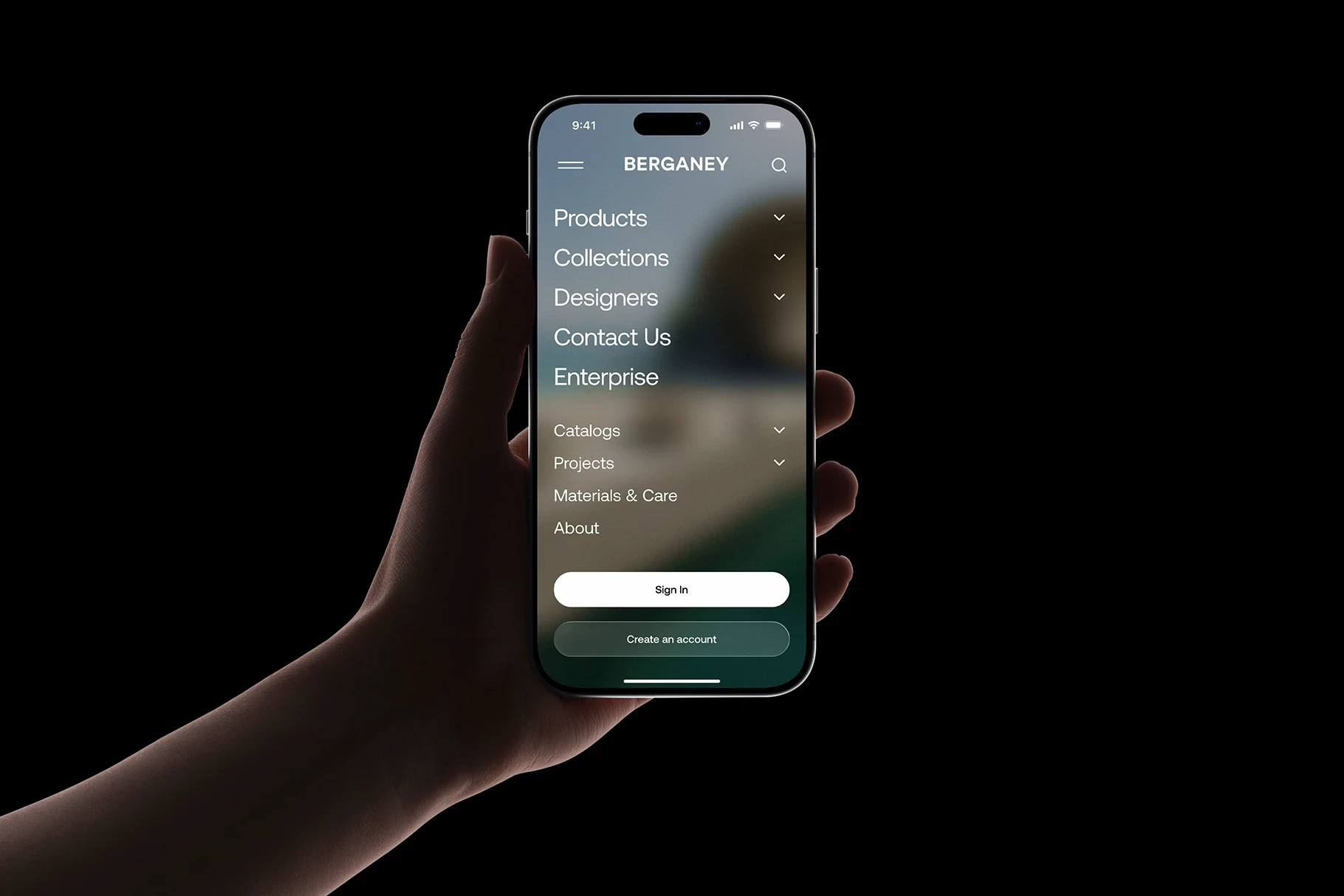 Hand holding a dark iPhone 17 Pro mockup displaying a dark mode menu interface against a solid black background.