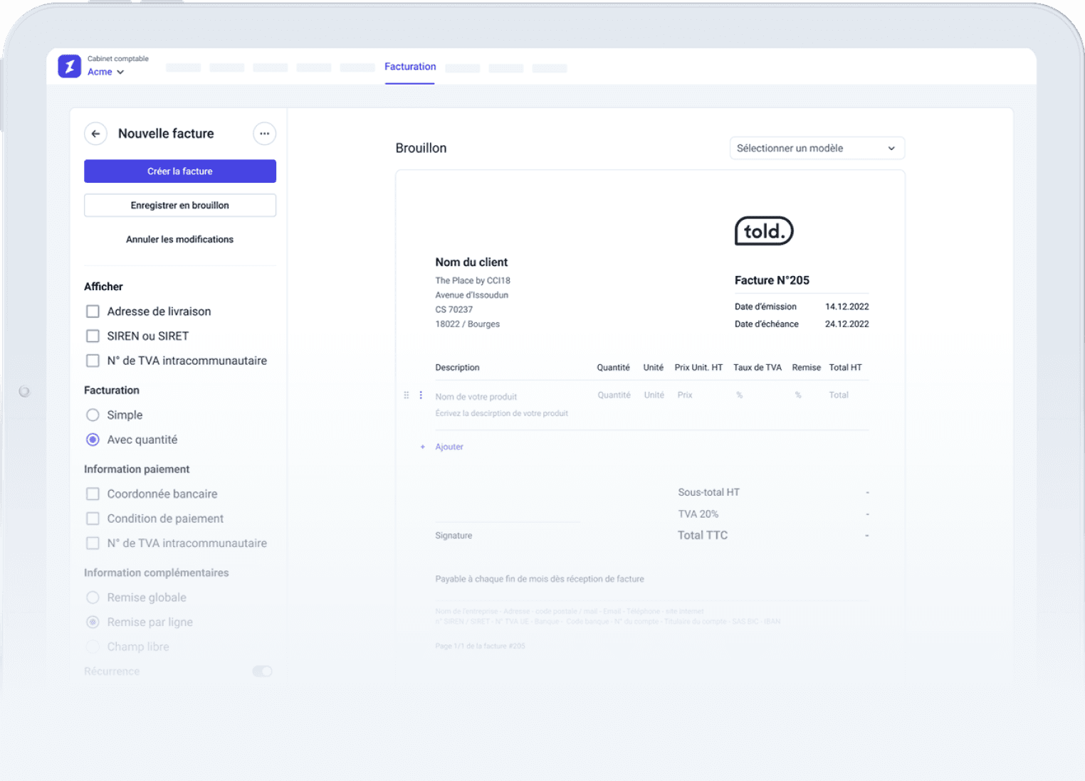 Interface utilisateur du logiciel Inqom, montrant la gestion simplifiée des factures électroniques.