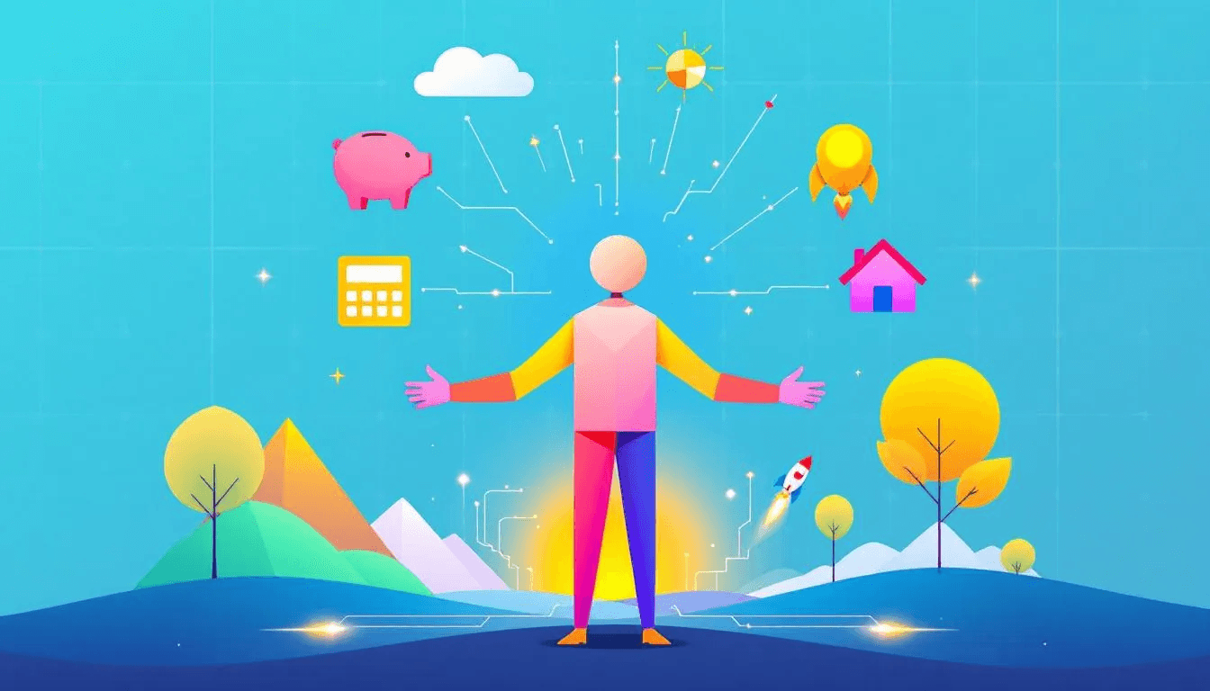 A person building a financial foundation with various tools and resources.