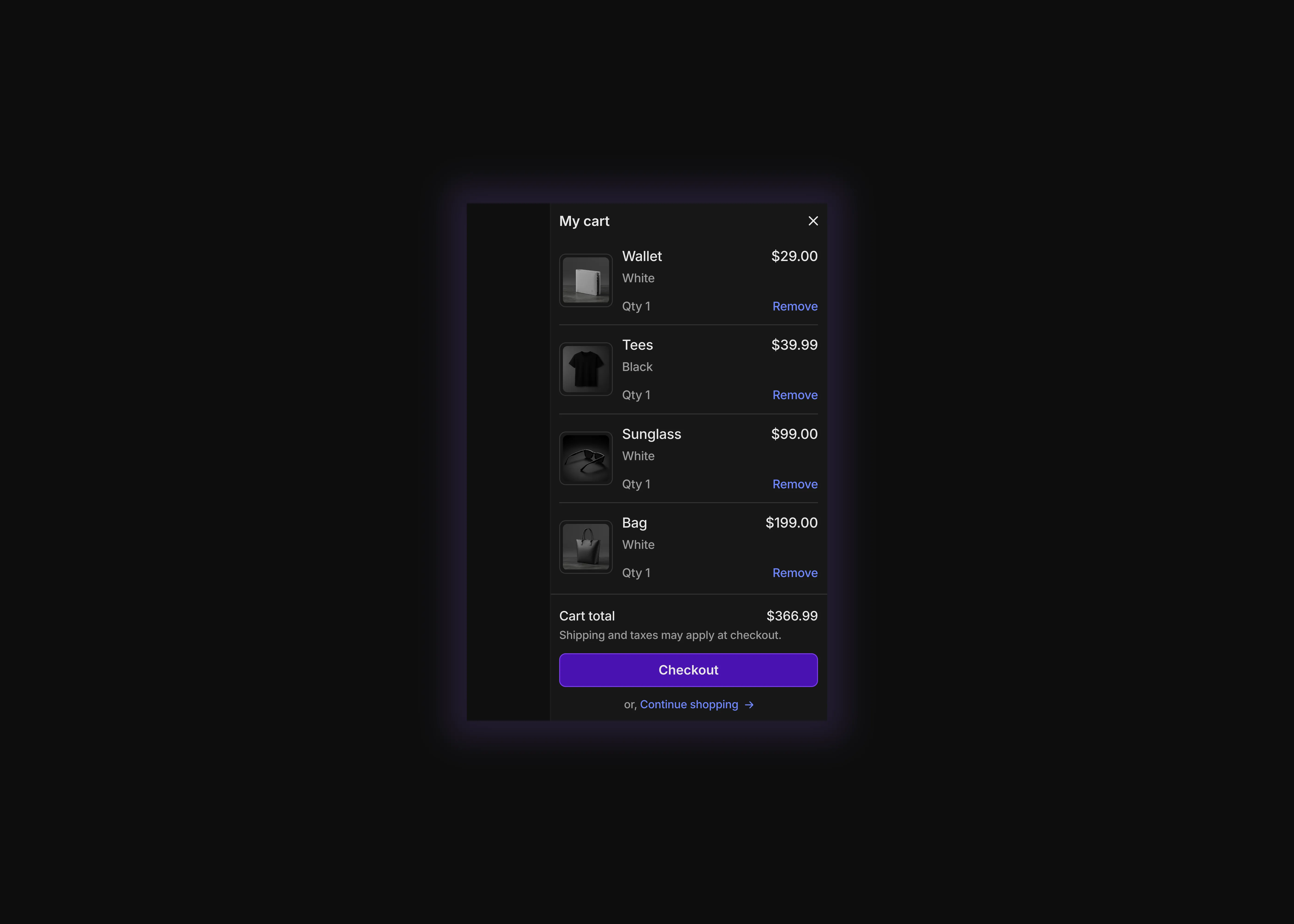 A dark themed shopping cart UI for mobile devices.