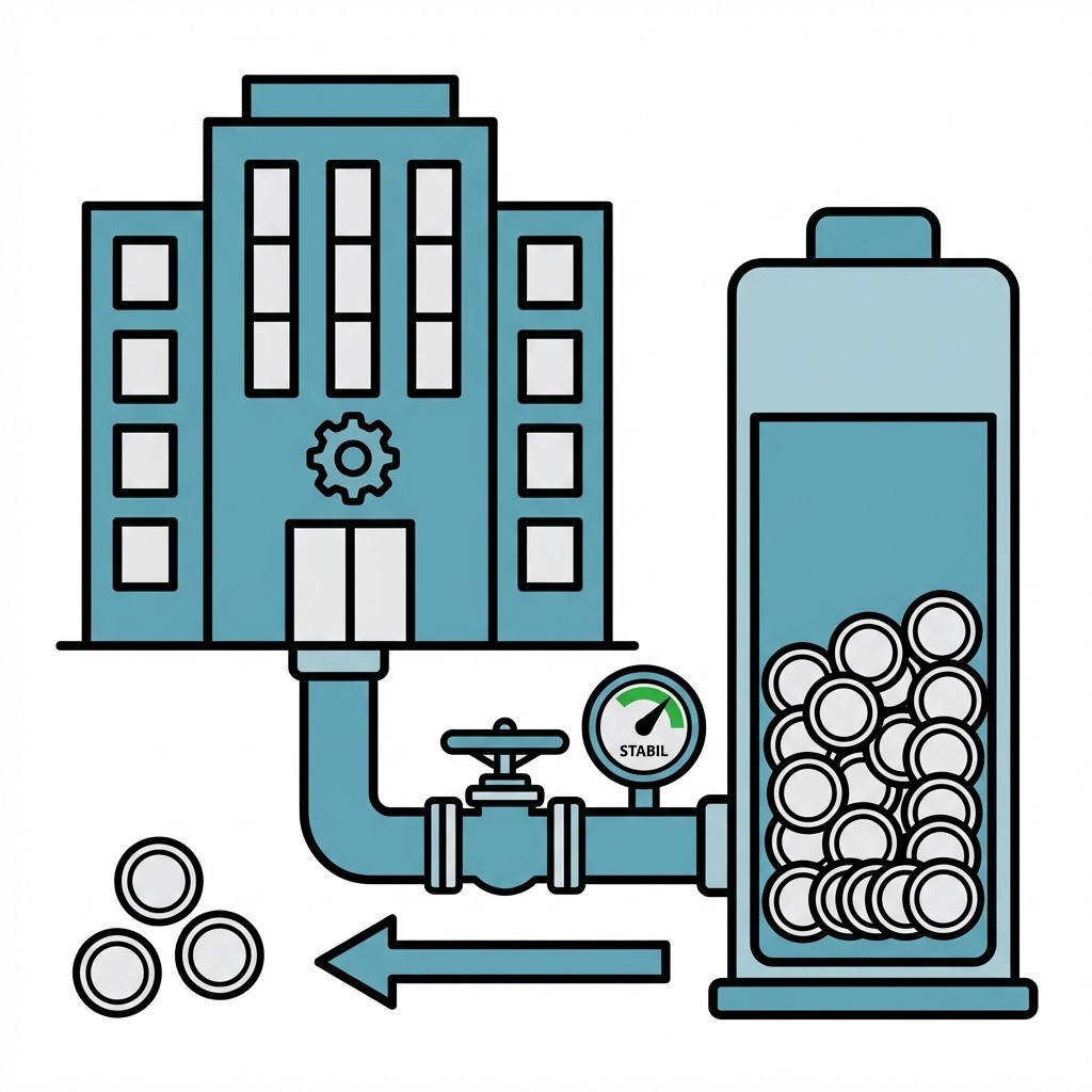 Illustration: Ein Firmengebäude ist über ein Rohr mit einem vollen Münzbehälter verbunden. Ein Manometer zeigt "STABIL" an.