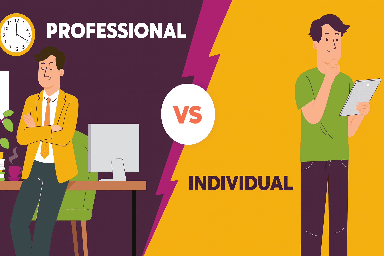 Illustration comparant deux profils de vendeurs Amazon, "Professional" et "Individual", avec des représentations visuelles symbolisant leurs caractéristiques distinctes et options de vente.