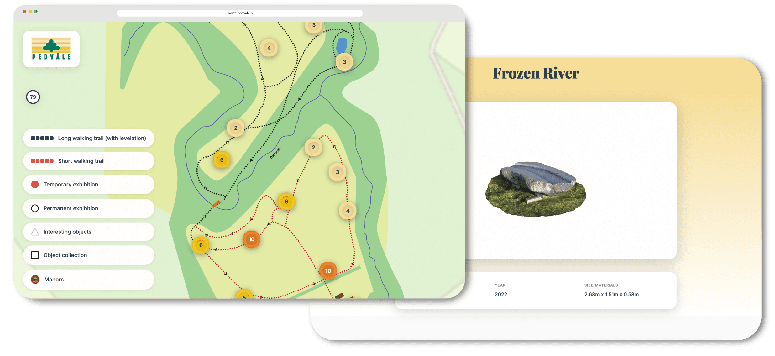 Pedvāle Open-Air Museum custom interactive map and 3D sculpture viewer desktop view built by ReachBeyond