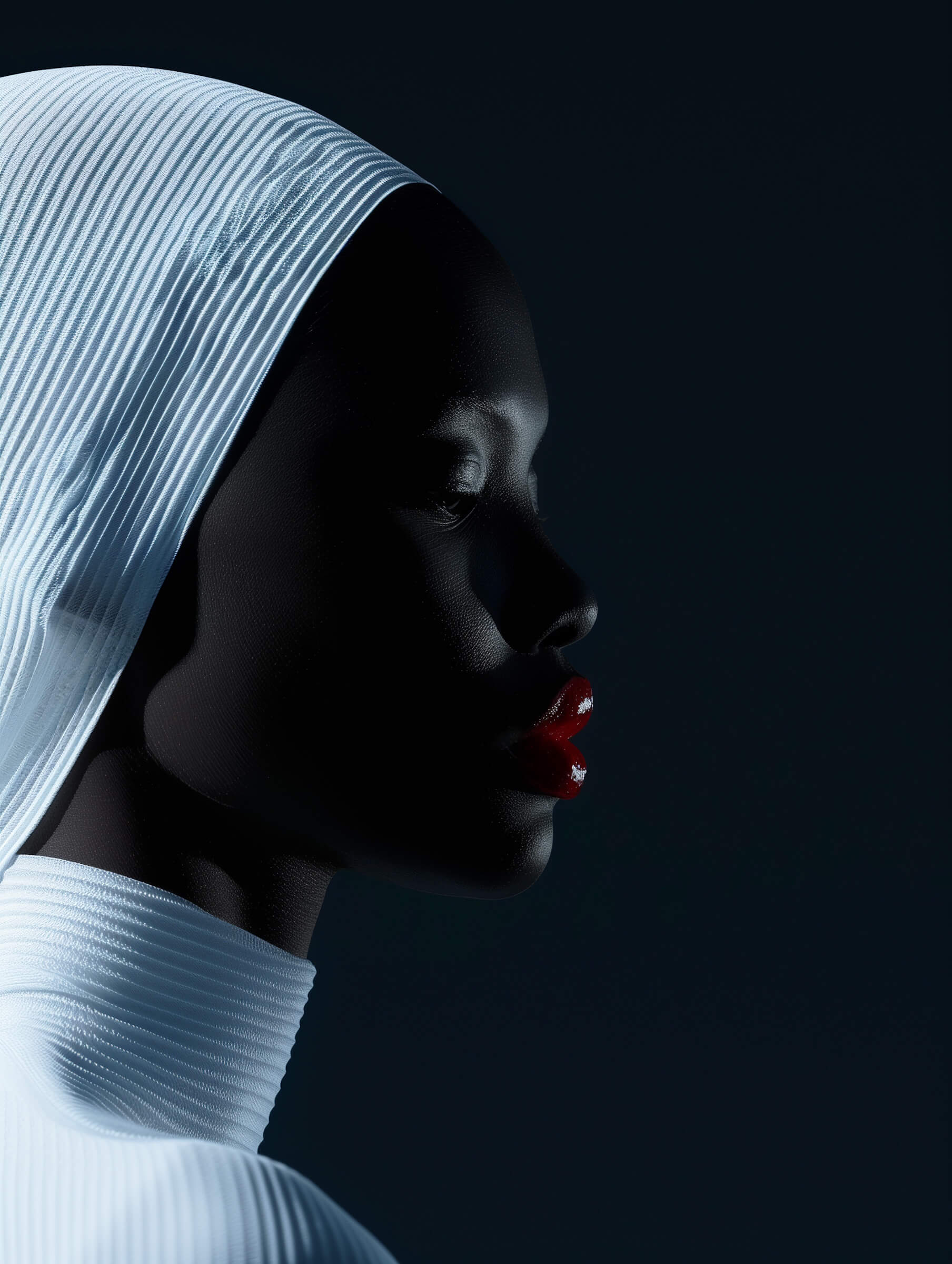High-contrast profile portrait of a model with glossy red lips and white ribbed headwear against a dark background.