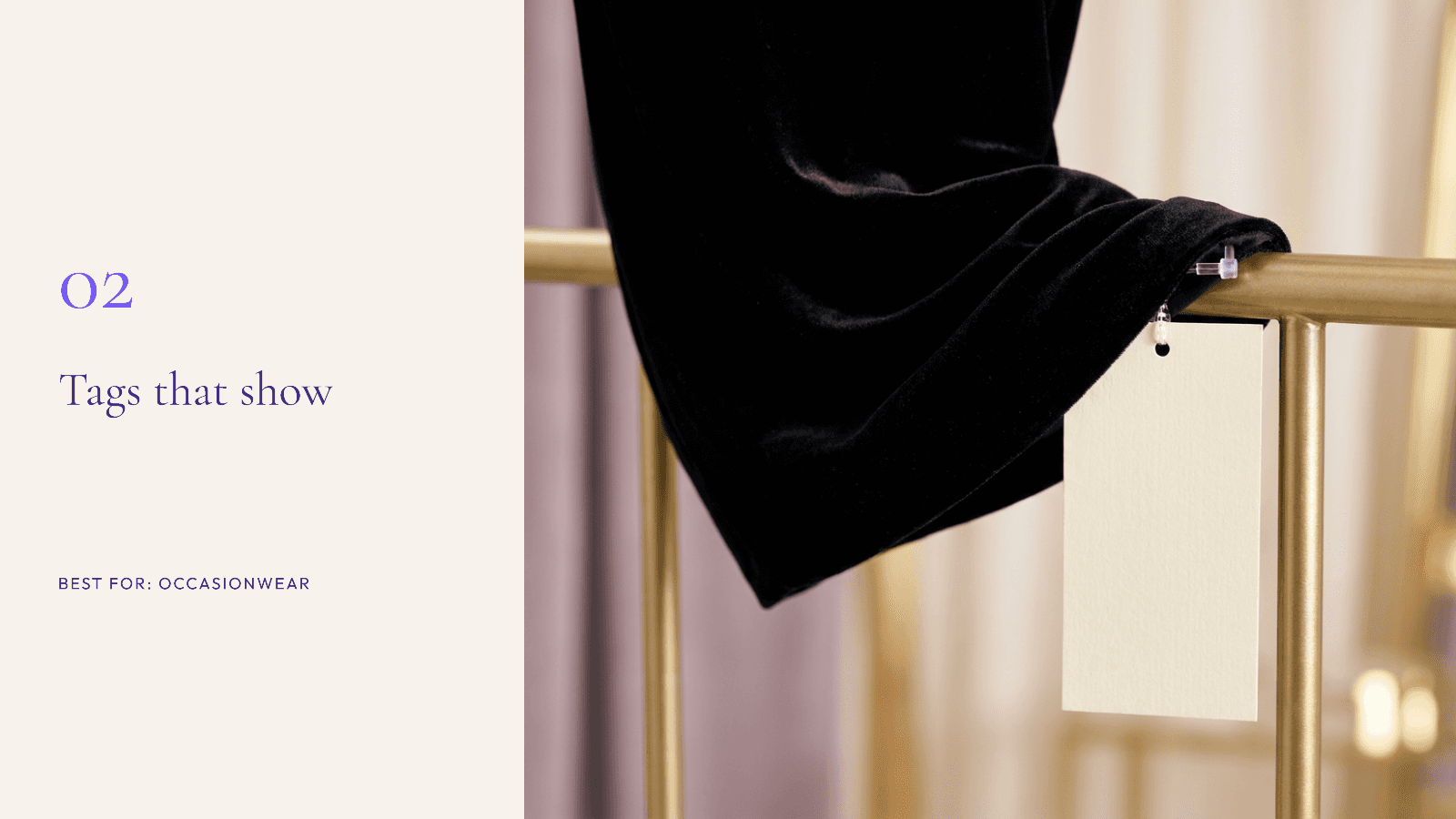 A large cream swing tag attached to the outside hem of a black velvet party dress