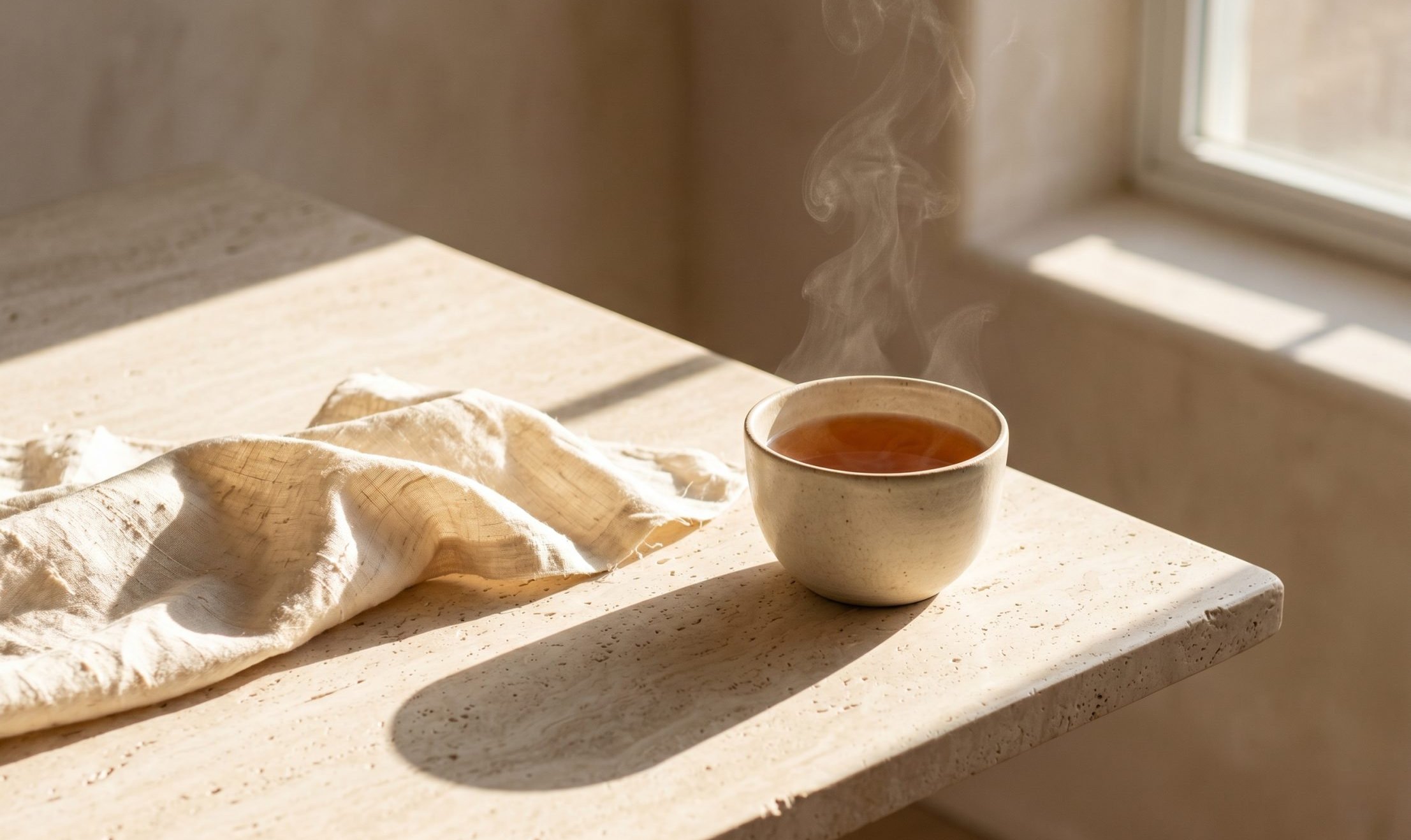 Steaming cup of tea in calm morning light, the sense of safety that lets the nervous system open up to desire