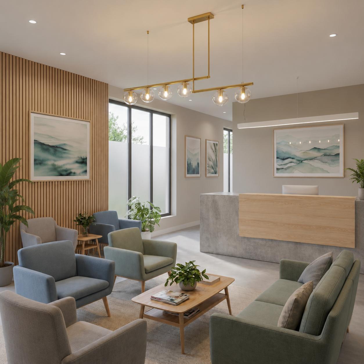 Refined contemporary office interior with lounge seating and glass partitions