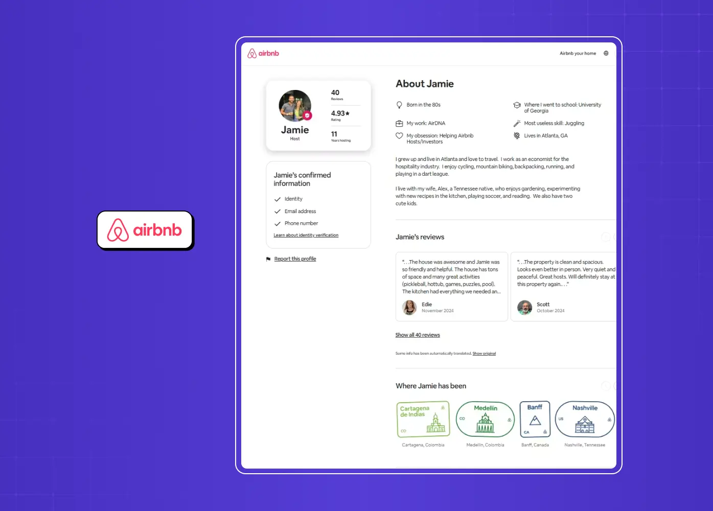 An Airbnb user profile demonstrating trust-building elements such as identity verification, reviews, personal information, and travel history.
