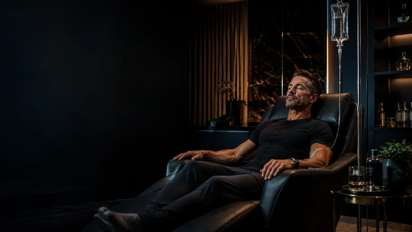 Man reclining in a treatment chair beside an IV stand