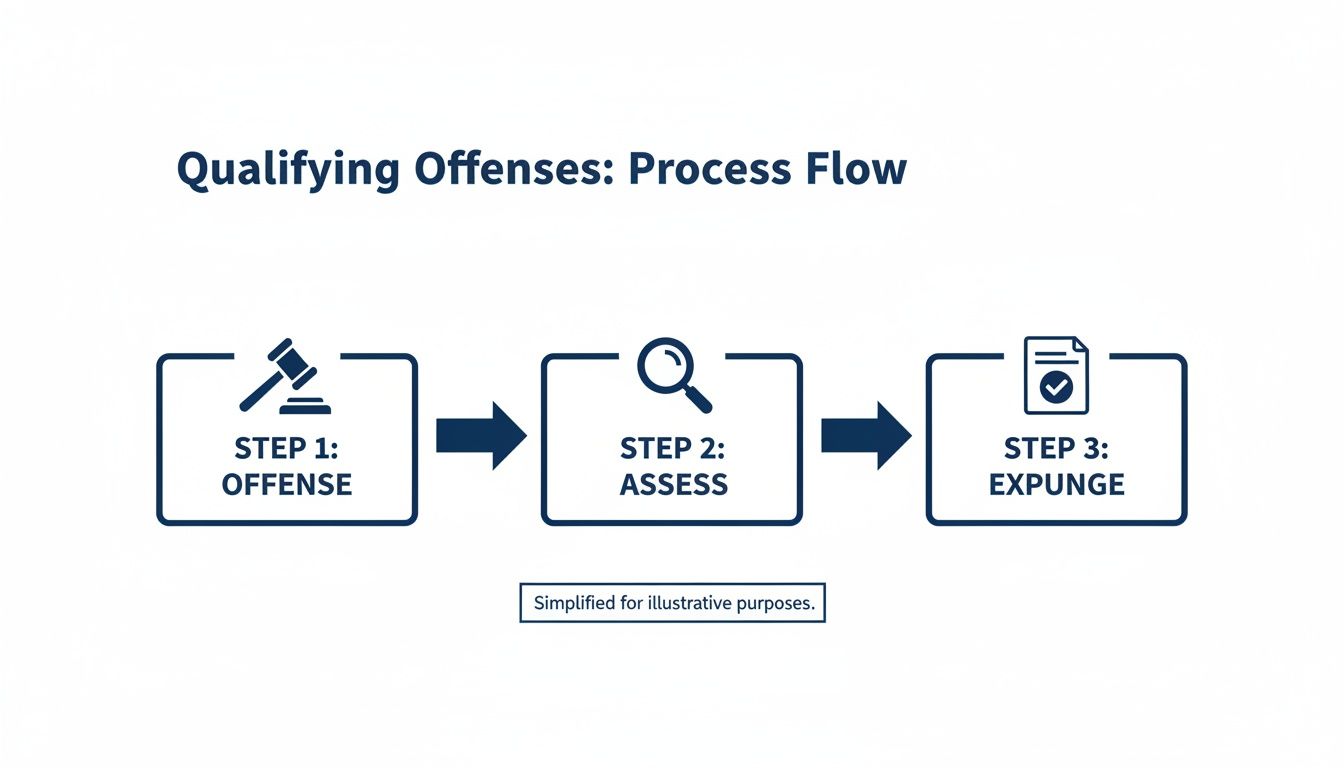 A three-step process flow diagram for qualifying offenses: Offense, Assess, and Expunge.