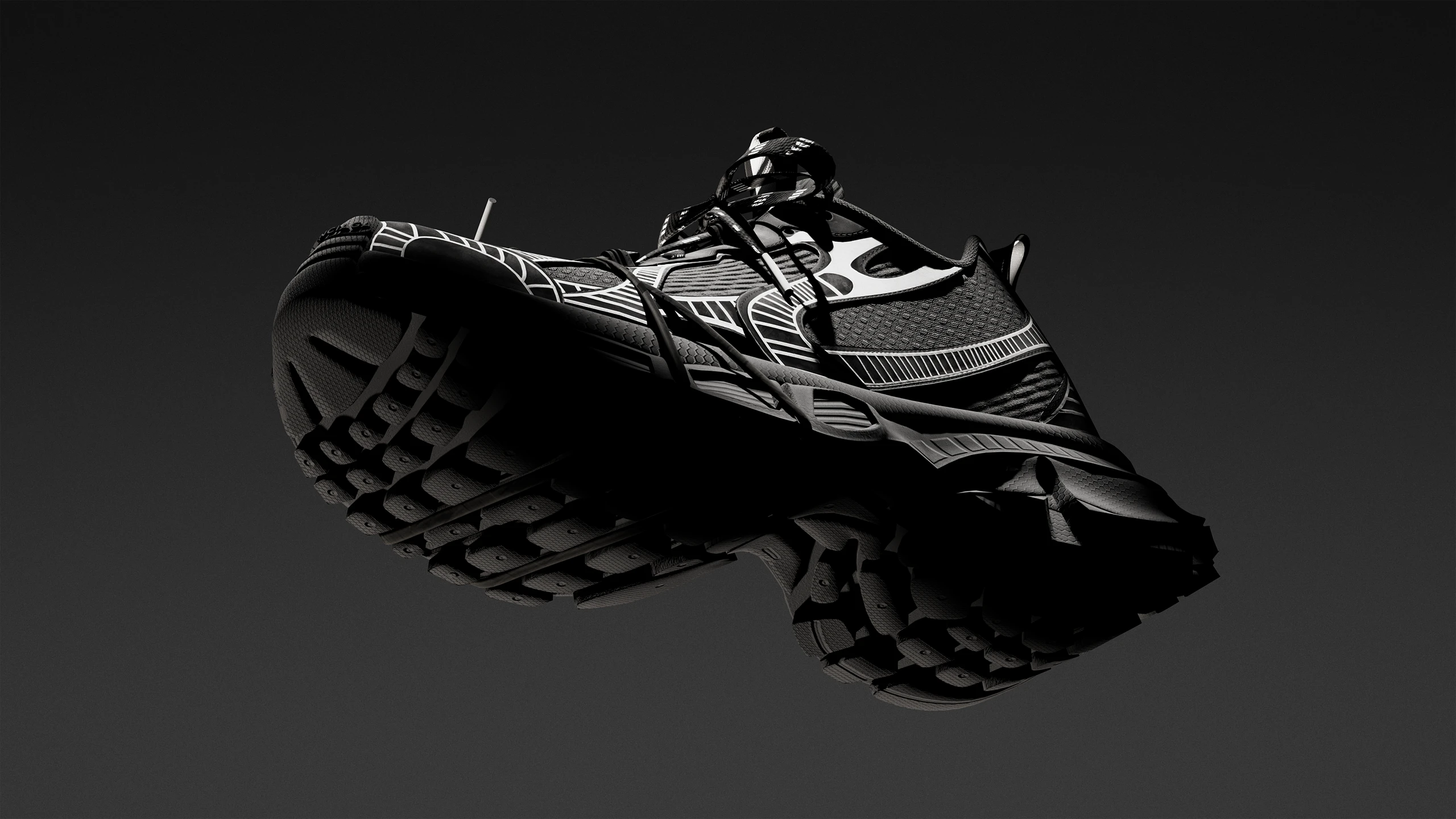 Balenciaga sneaker sole 3D render, floating dark background, black and white