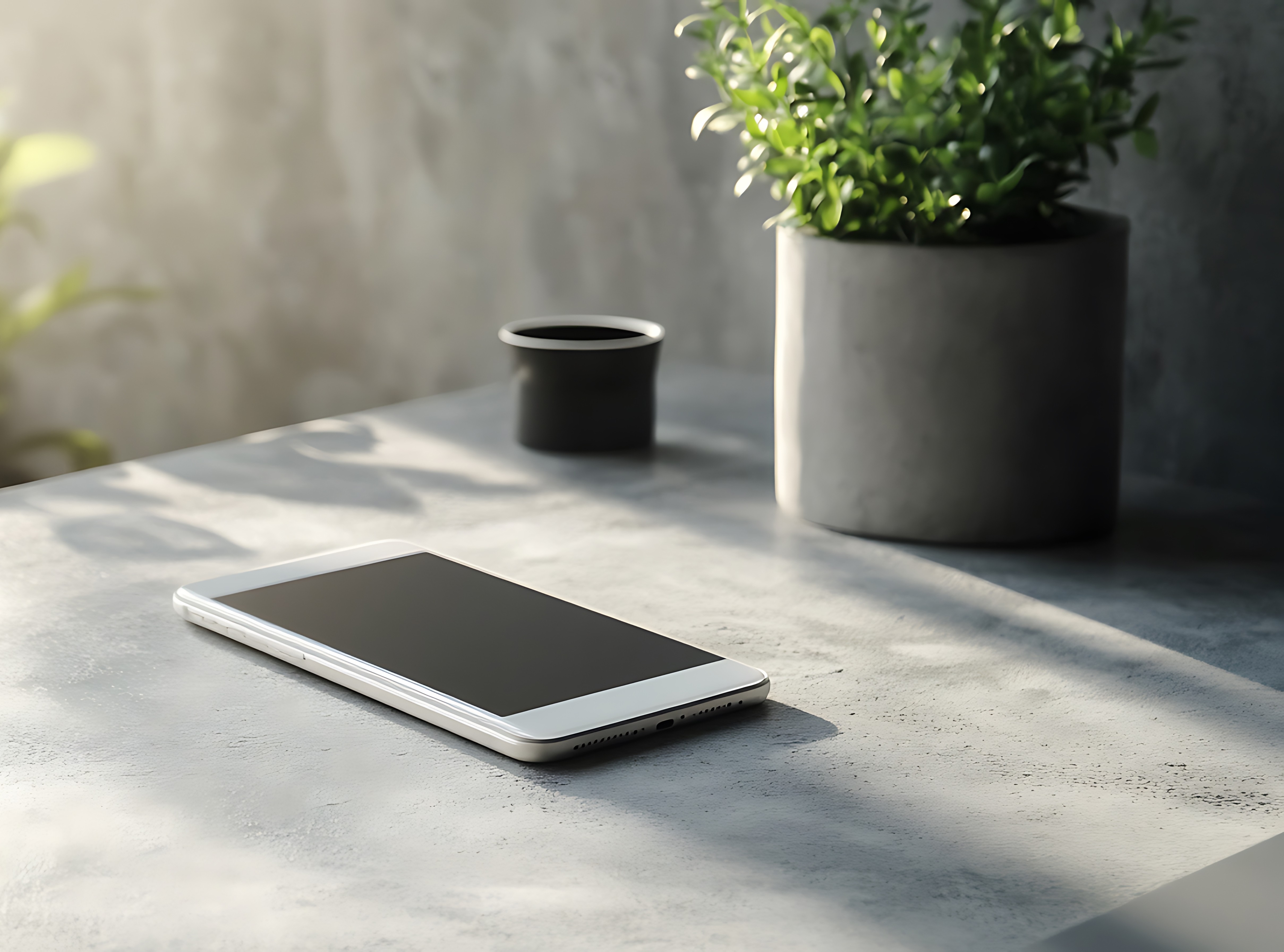 Smartphone on a minimalist desk with plants in soft daylight