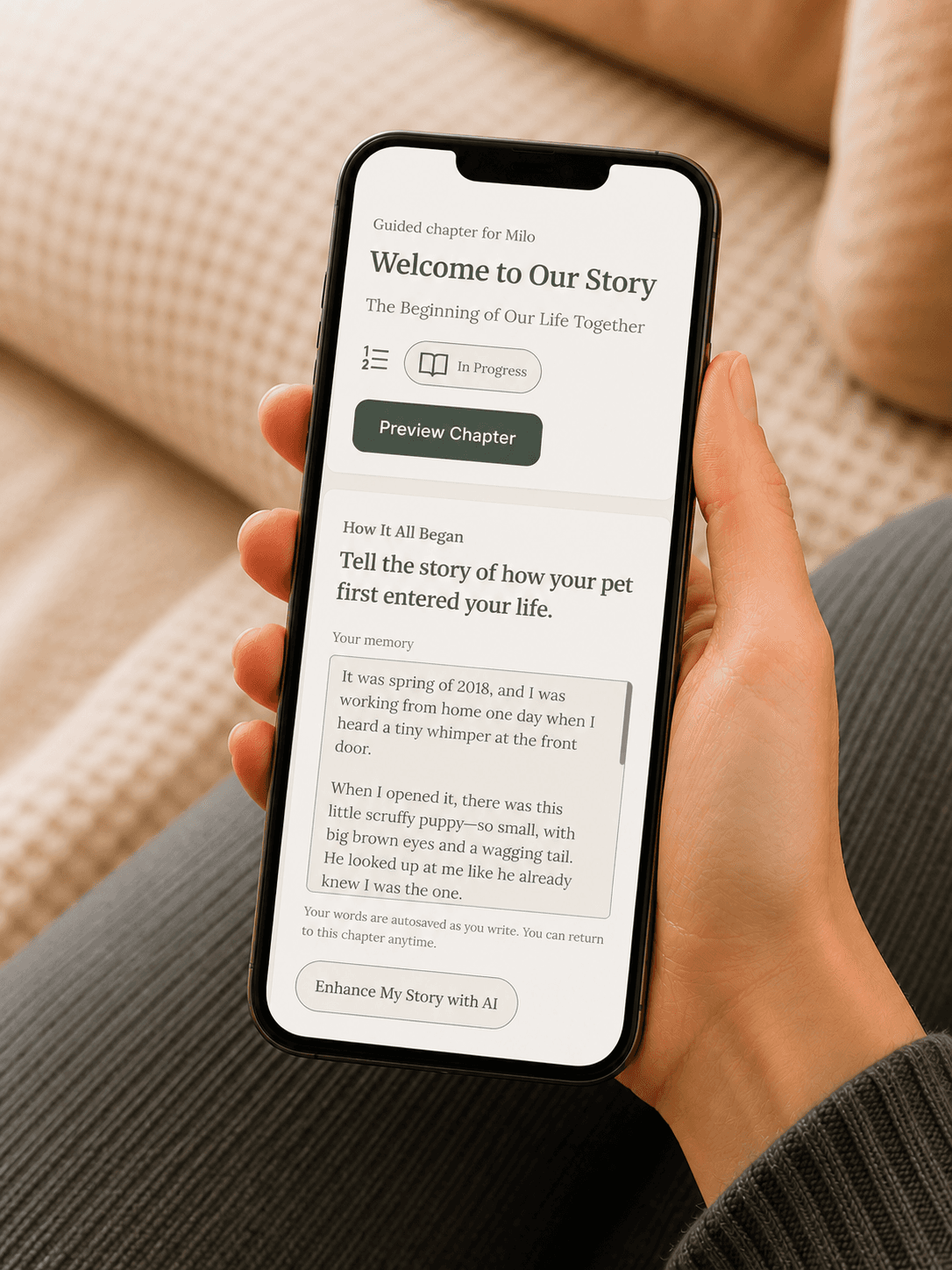 Mobile view of Companion Chronicles pet memory journal app showing chapter prompt and written story about a dog’s adoption and early memories.