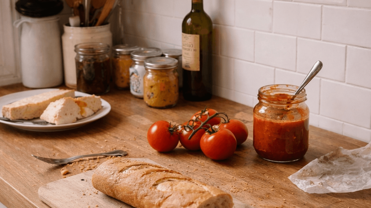 Plan de travail de cuisine avec des aliments laissés accessibles, baguette et bocaux ouverts