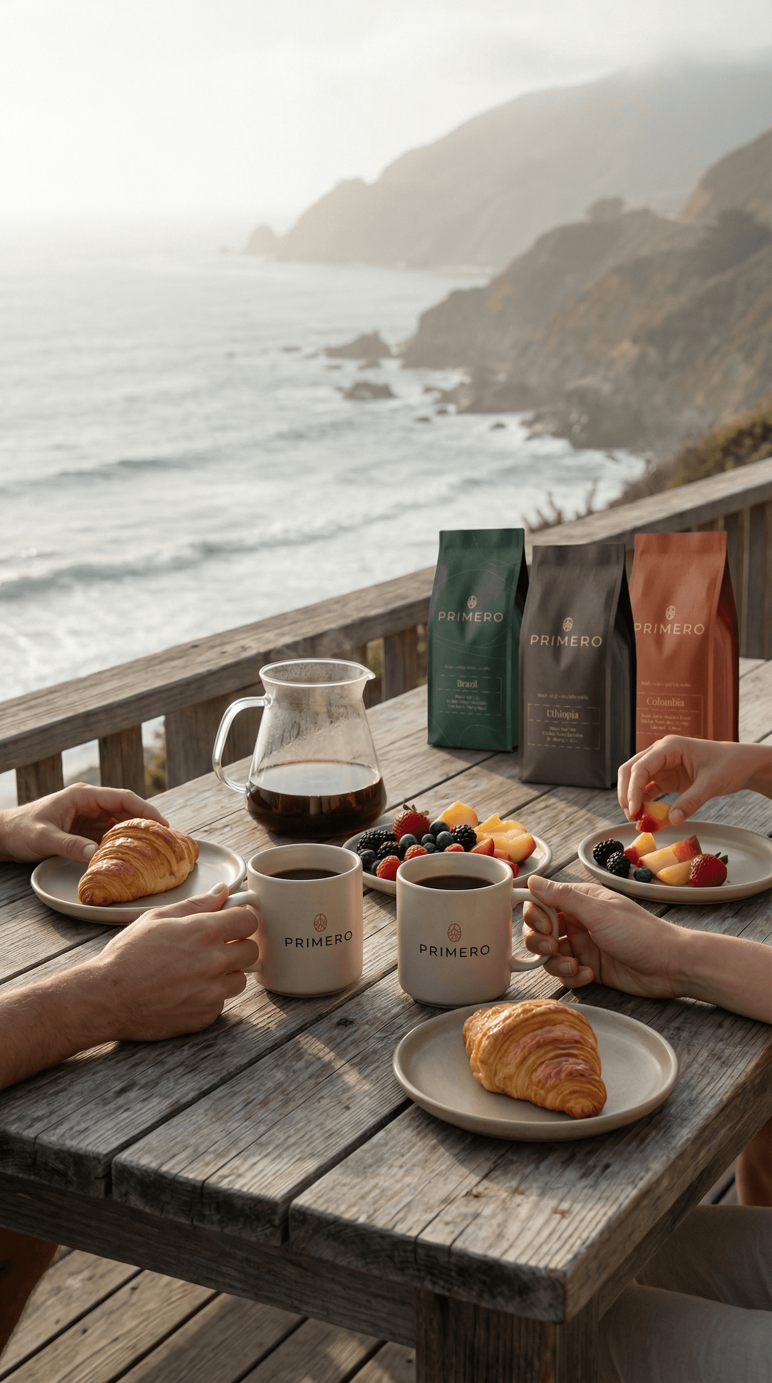 PRIMERO coffee breakfast served on a terrace overlooking the coast