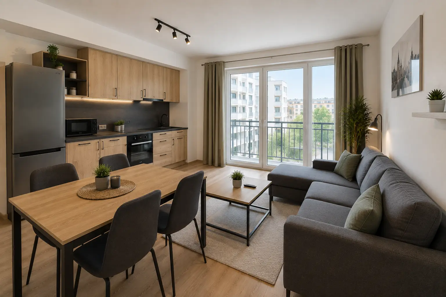 Shared student apartment in Košice, Slovakia with modern kitchen, dining and living area