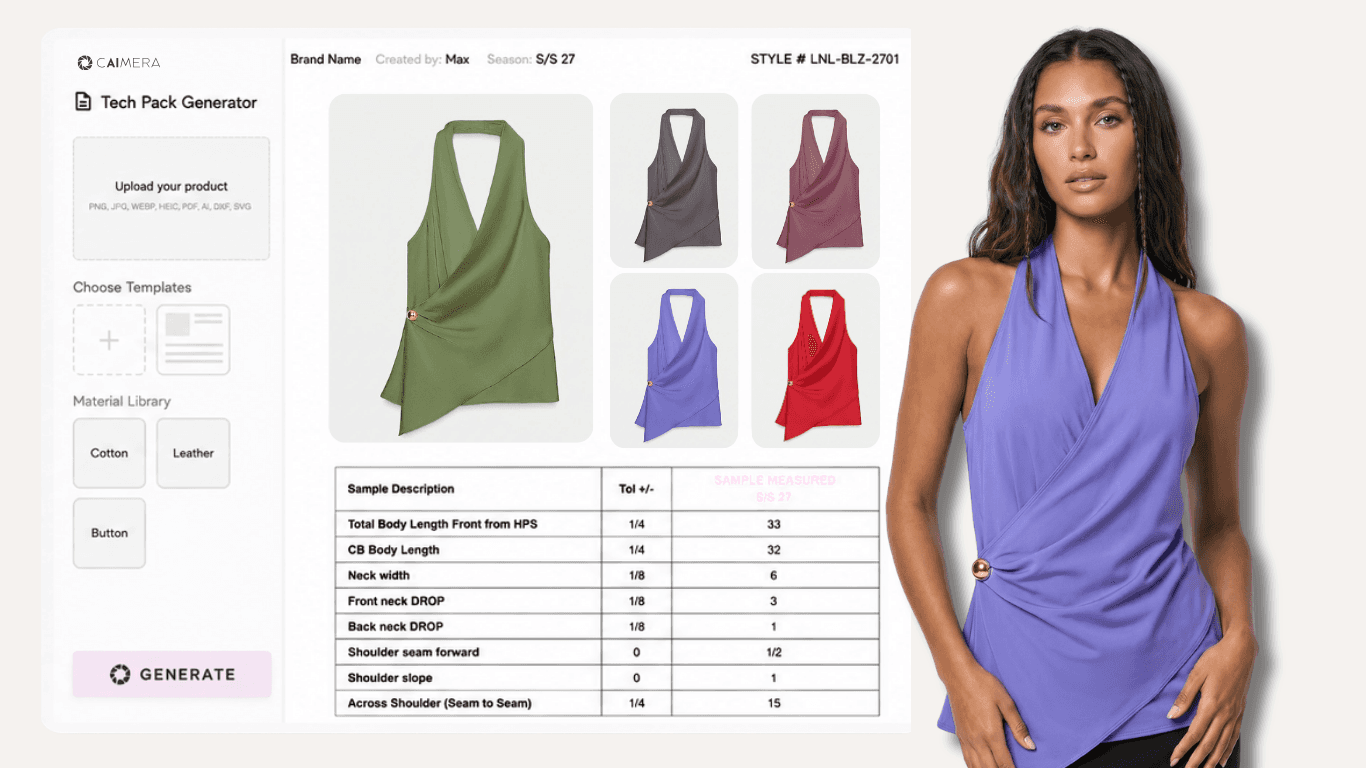 Caimera AI Tech Pack Generator interface showing a product image upload, template and material library selection, generated colorways and a measurement spec table next to the halter wrap top