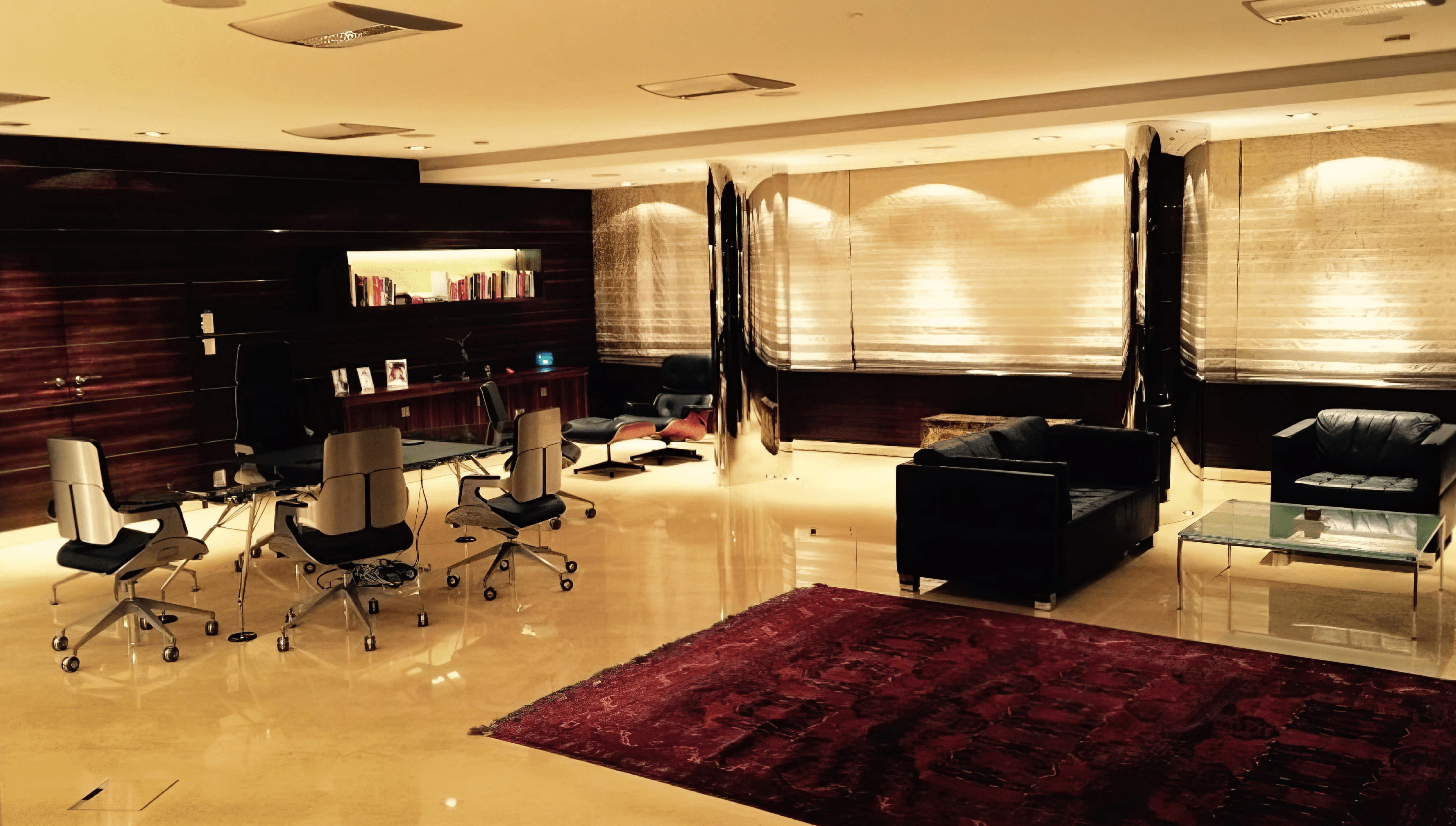 MW Interior  - Großzügiges Chefbüro mit Eames Lounge Chair, Konferenztisch und metallisch verkleideter Rückwand" Der weitläufige Büroraum kombiniert einen dunklen Schreibtisch mit ergonomischen Bürostühlen und einer separaten Sitzgruppe aus schwarzem Leder. An der Rückwand: eine großformatige, metallisch schimmernde Wandverkleidung mit indirekter Beleuchtung. Ein Eames Lounge Chair markiert den privaten Rückzugsbereich im Hintergrund.