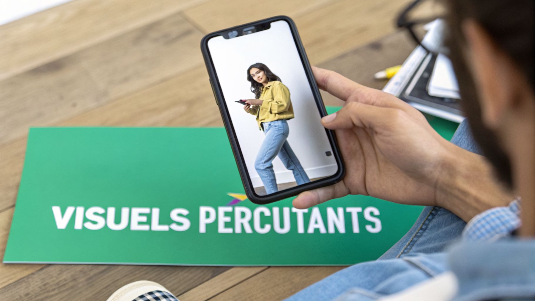 Personne regardant une image de femme sur un smartphone, avec une enseigne 