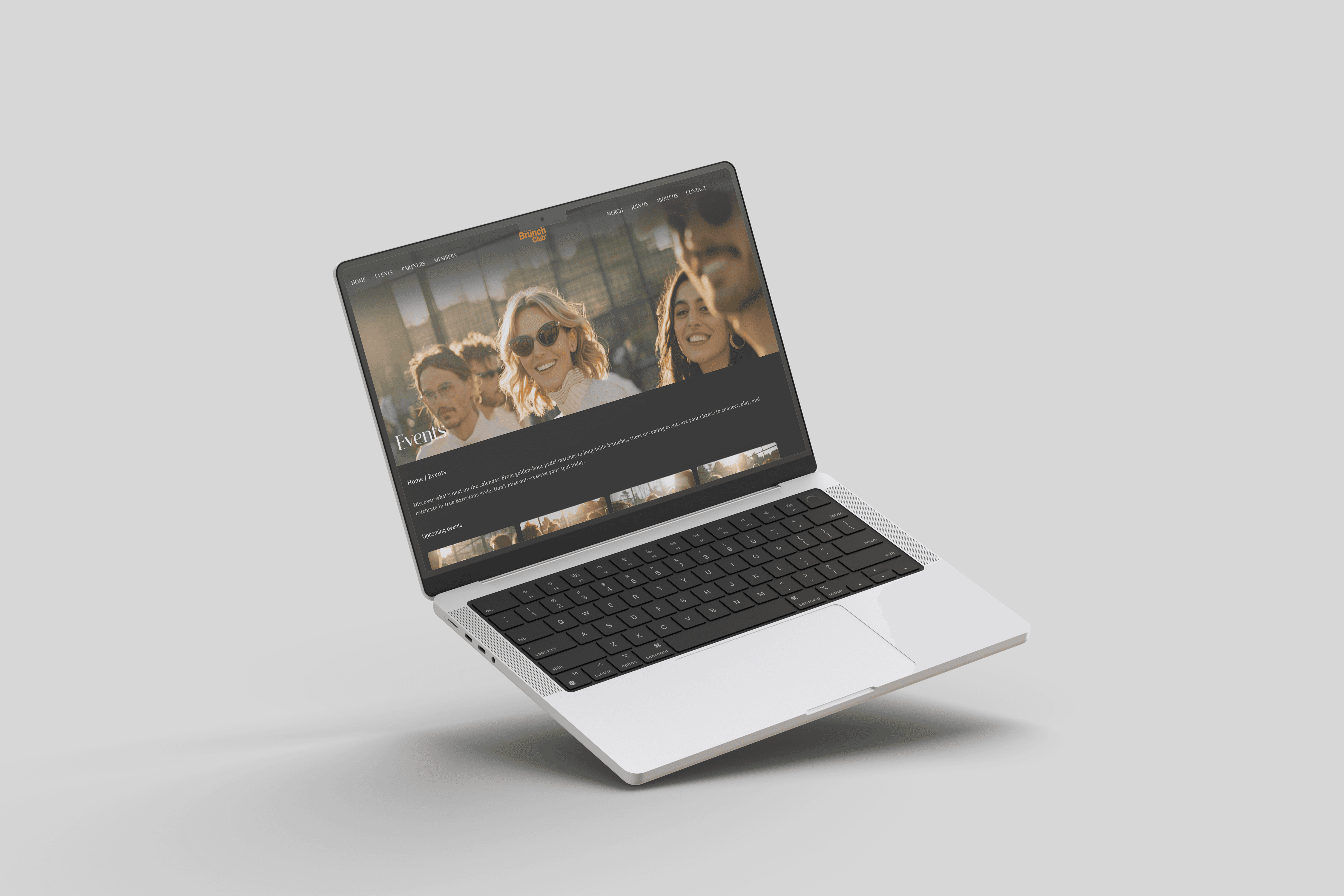 Laptop displaying The Brunch Club website homepage featuring lifestyle photography, event highlights, and warm color tones on a minimal background